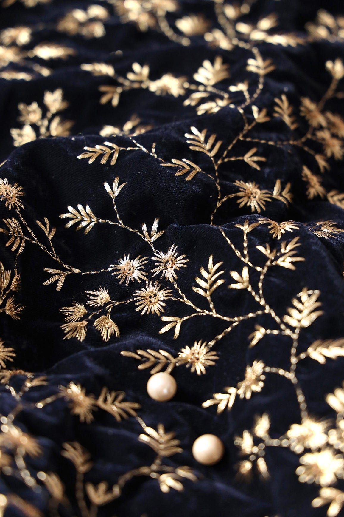 doeraa Embroidery Fabrics Gold Zari With Gold Sequins Floral Embroidery Work On Navy Blue Velvet Fabric