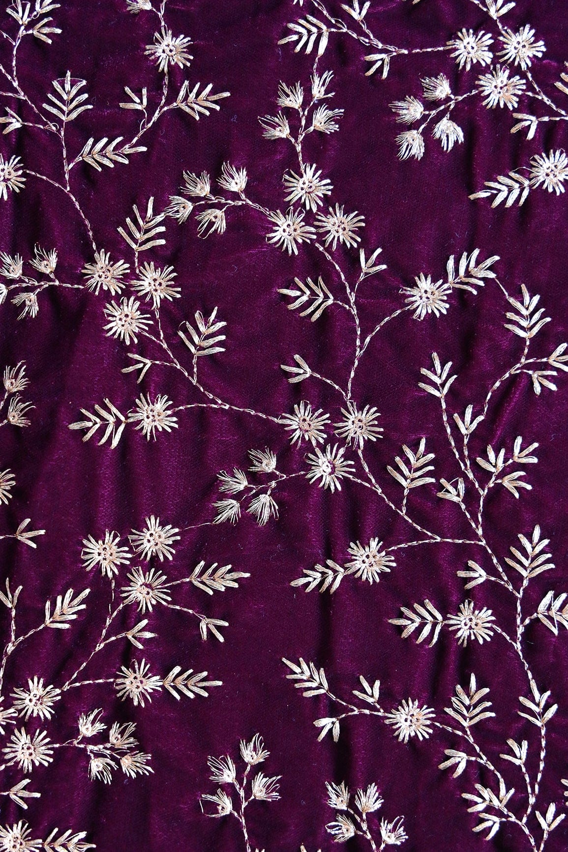 doeraa Embroidery Fabrics Gold Zari With Gold Sequins Floral Embroidery Work On Purple Velvet Fabric