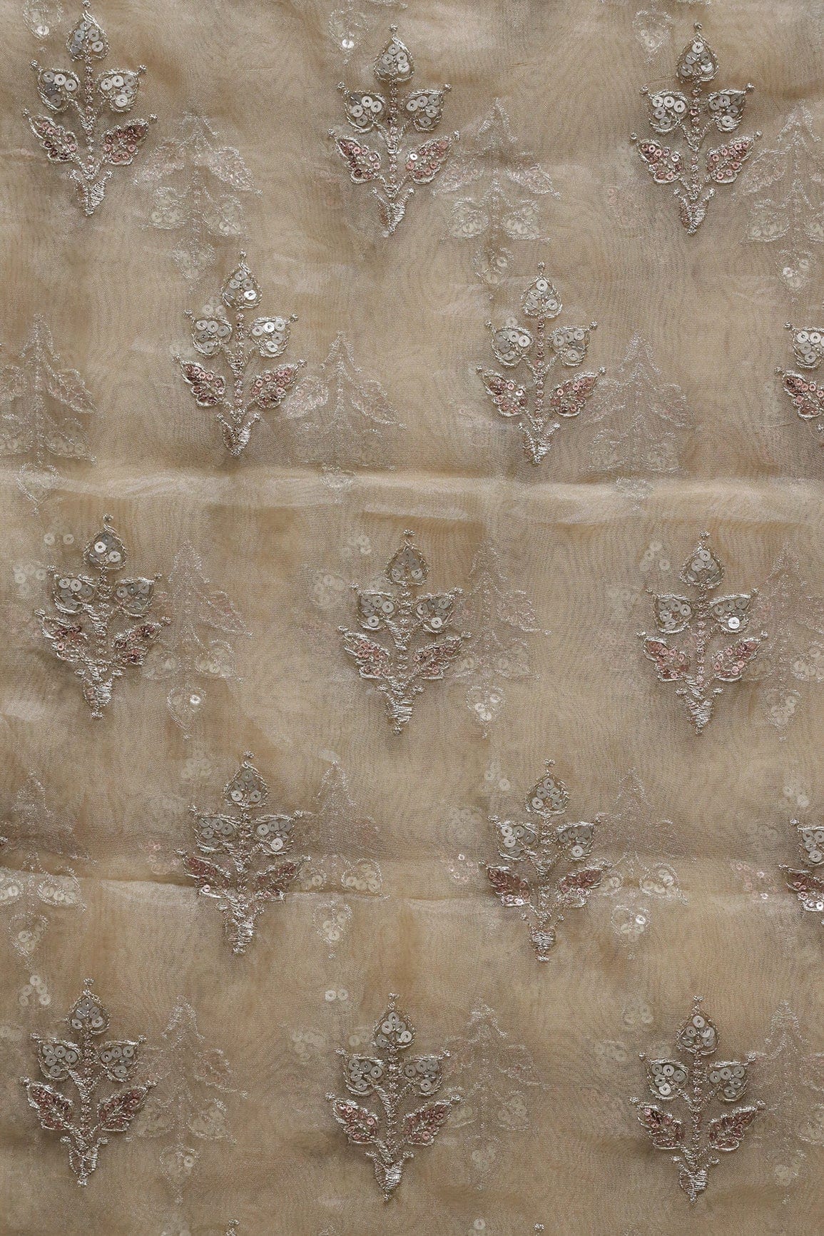 doeraa Embroidery Fabrics Gold Zari With Sequins Beautiful Leafy Embroidery Work On Beige Tissue Fabric