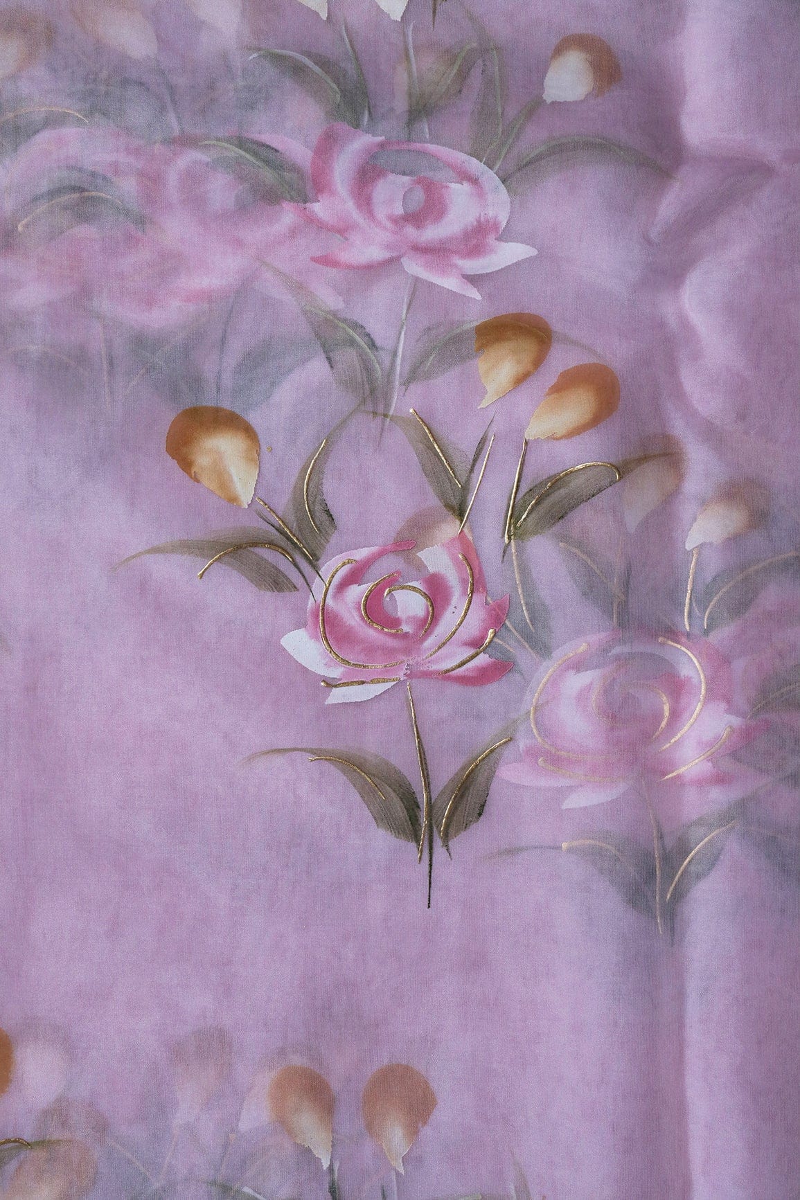doeraa Embroidery Fabrics Gorgeous Floral Hand Painted With Foil Work On Light Lavender Organza Fabric