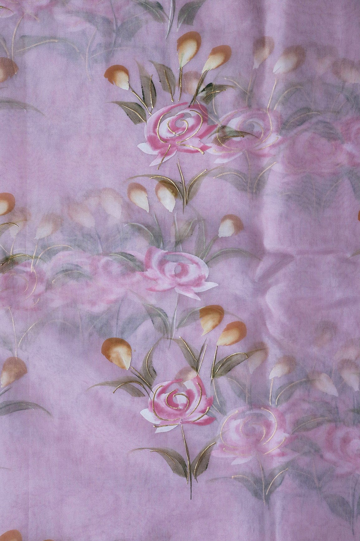 doeraa Embroidery Fabrics Gorgeous Floral Hand Painted With Foil Work On Light Lavender Organza Fabric