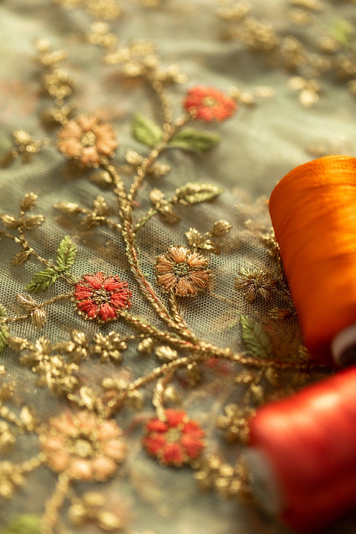 doeraa Embroidery Fabrics Gorgeous Multi Floral Thread work Embroidery On Olive Soft Net Fabric