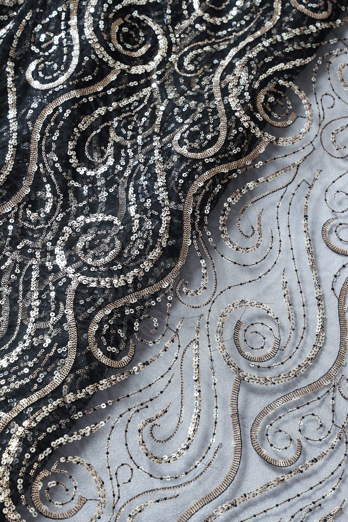 doeraa Embroidery Fabrics Gorgeous Multi Sequins Geometric Embroidery On Black Soft Net Fabric
