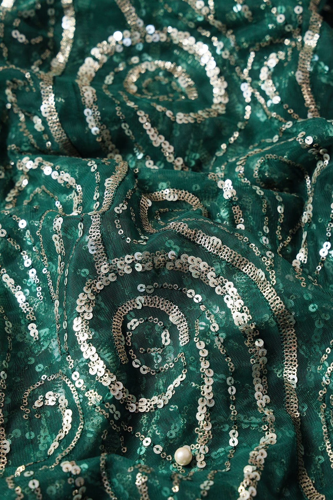 doeraa Embroidery Fabrics Gorgeous Multi Sequins Geometric Embroidery On Bottle Green Soft Net Fabric