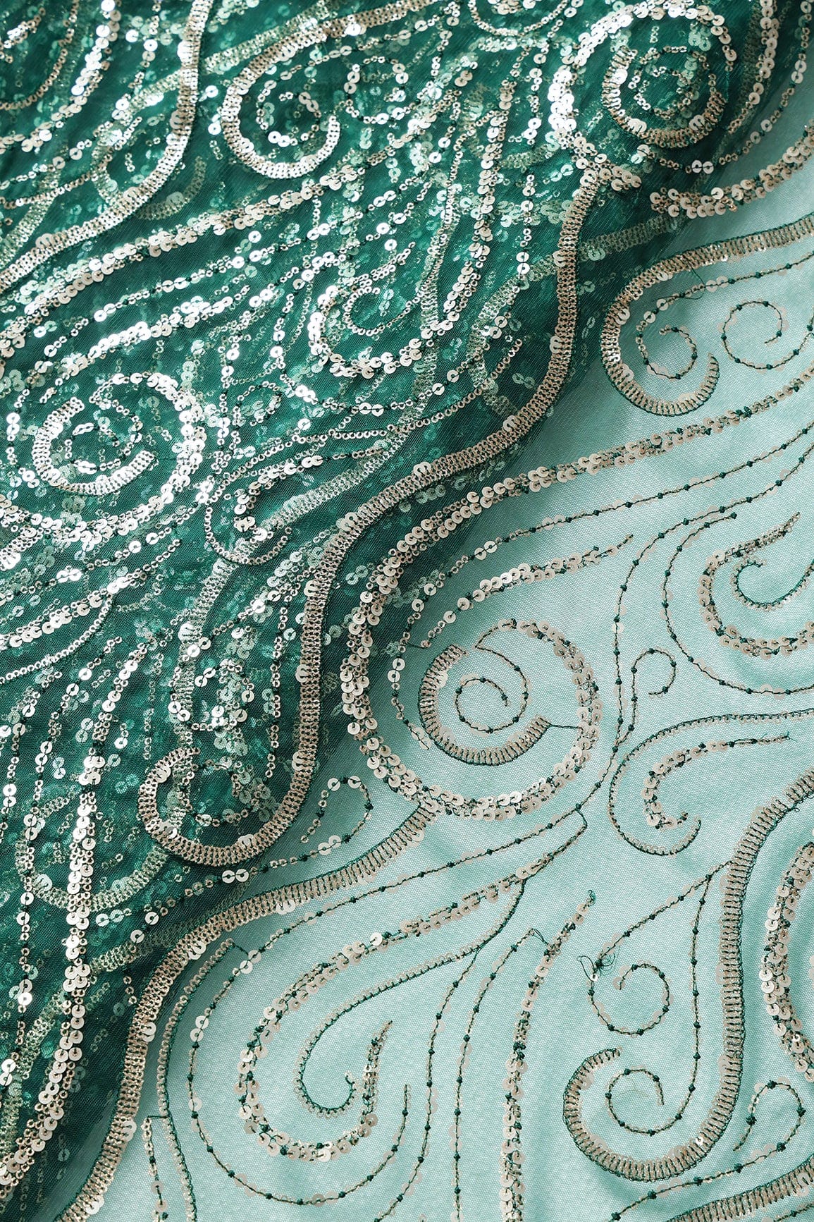 doeraa Embroidery Fabrics Gorgeous Multi Sequins Geometric Embroidery On Bottle Green Soft Net Fabric