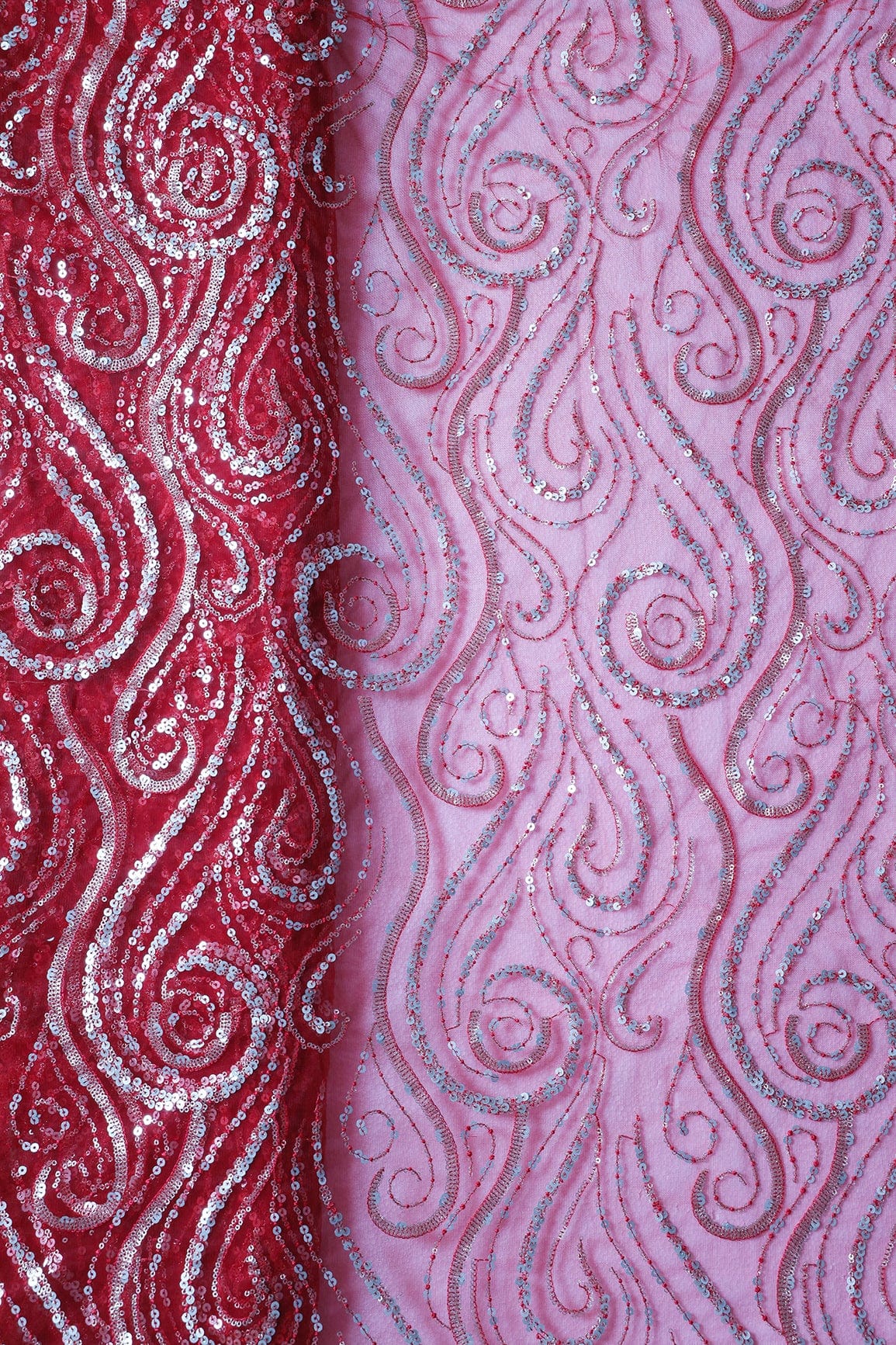 doeraa Embroidery Fabrics Gorgeous Multi Sequins Geometric Embroidery On Red Soft Net Fabric