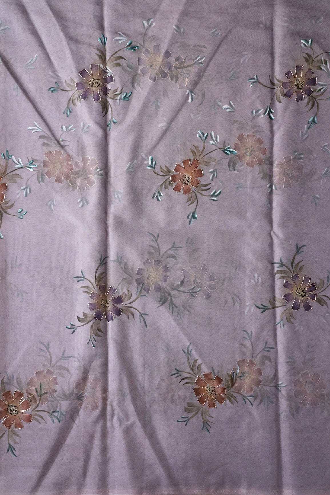 doeraa Embroidery Fabrics Gorgeouse Floral Hand Painted With Embroidery Work On Dusty Lavender Organza Fabric