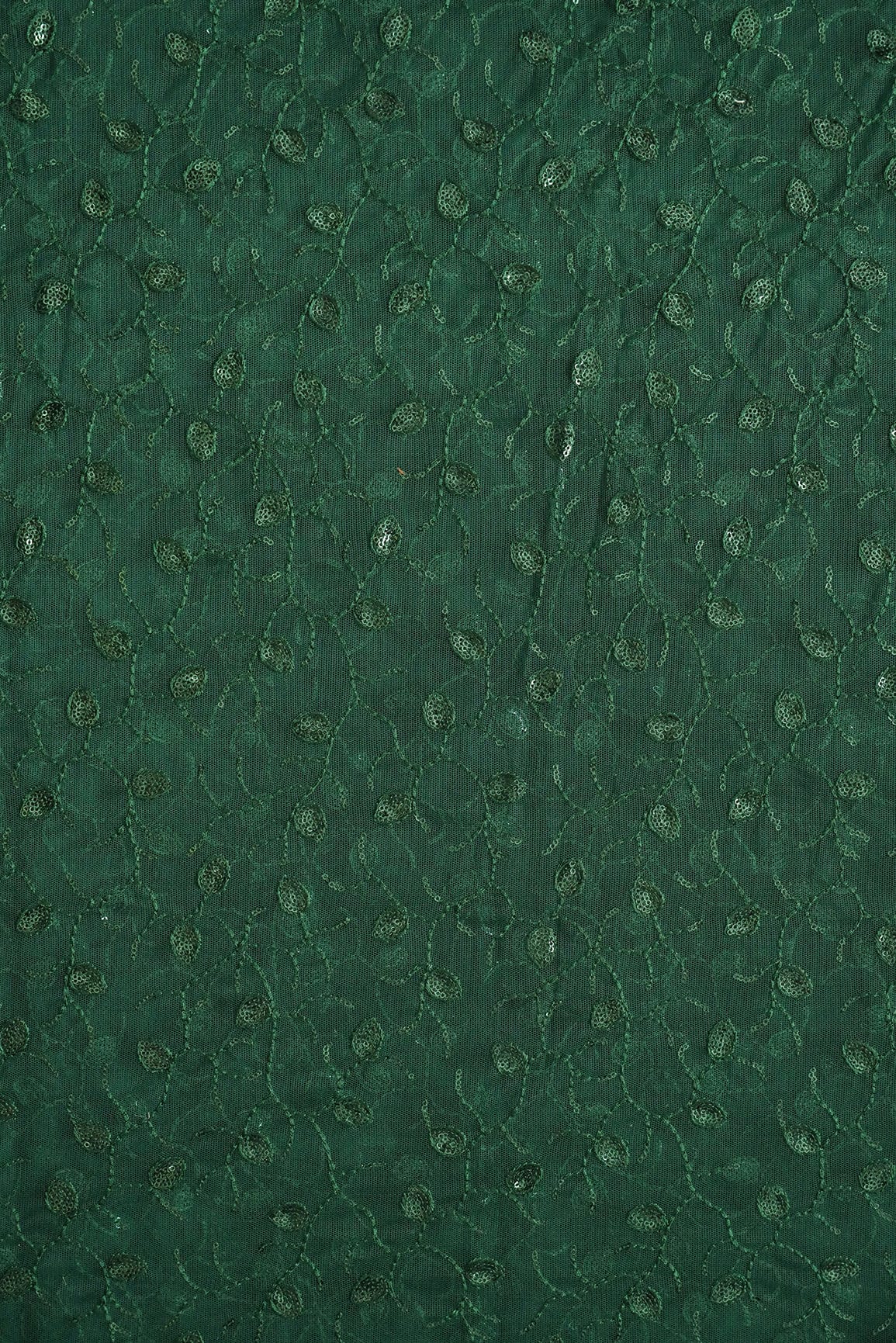doeraa Embroidery Fabrics Green Sequins With Green Thread Leafy Embroidery Work On Bottle Green Soft Net Fabric