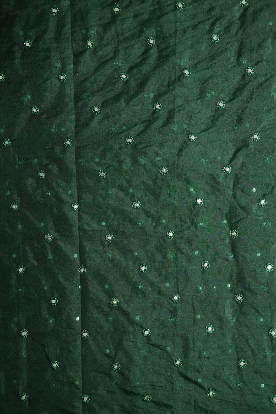 doeraa Embroidery Fabrics Green Thread With Foil Mirror Work Small Motif Embroidery On Bottle Green Organza Fabric