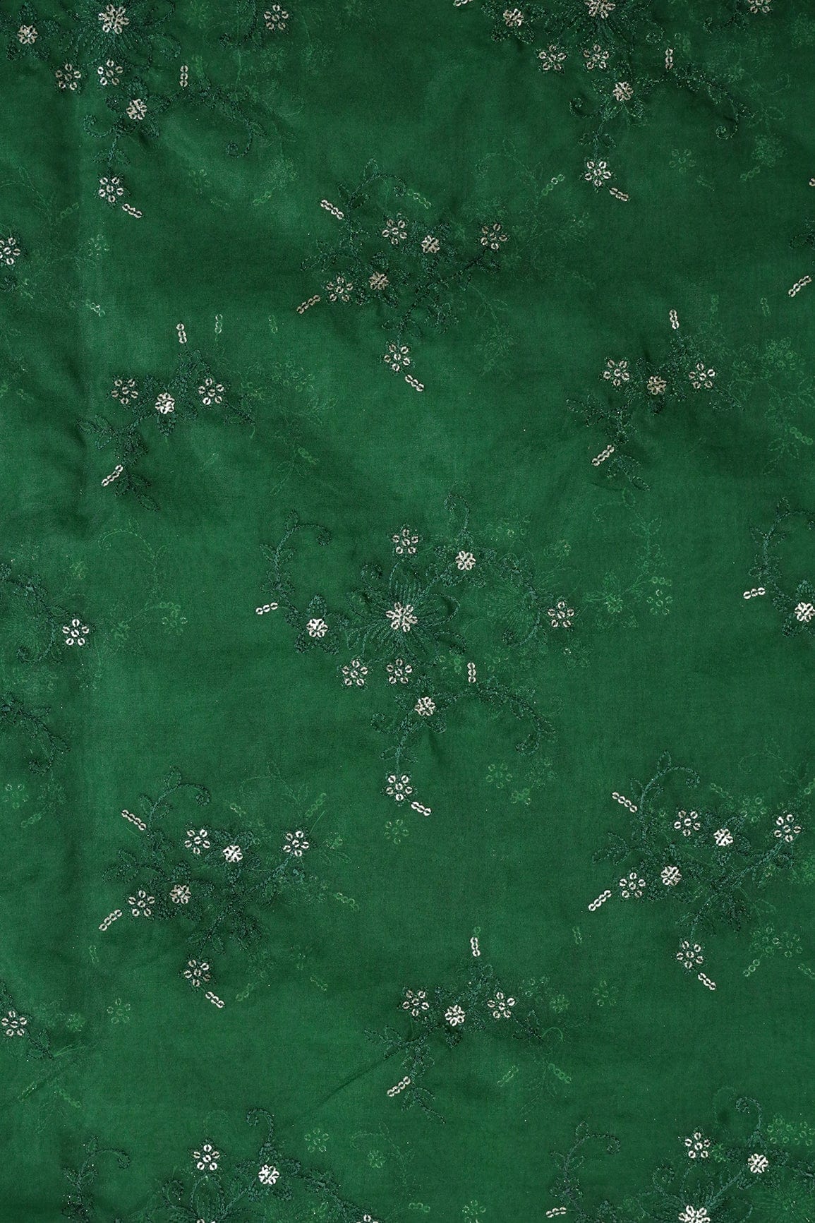 doeraa Embroidery Fabrics Green Thread With Gold Sequins Embroidery Work On Bottle Green Organza Fabric