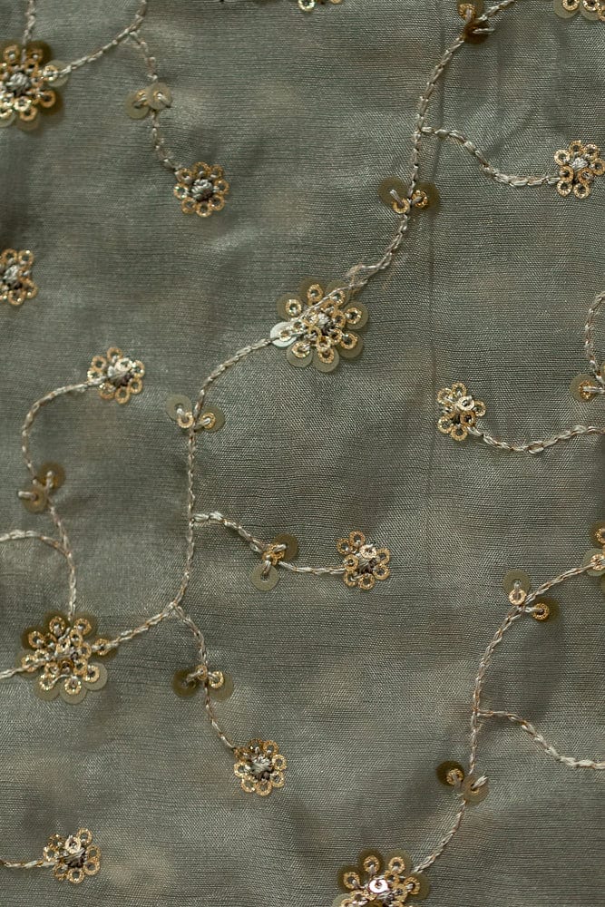 doeraa Embroidery Fabrics Grey And Gold Sequins With Thread Work Embroidery On Grey Organza Fabric