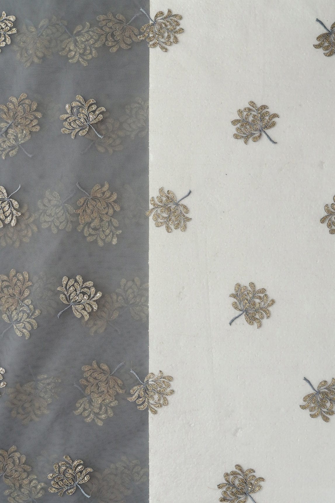 doeraa Embroidery Fabrics Grey Thread With Gold Sequins Beautiful Floral Embroidery Work On Grey Soft Net Fabric