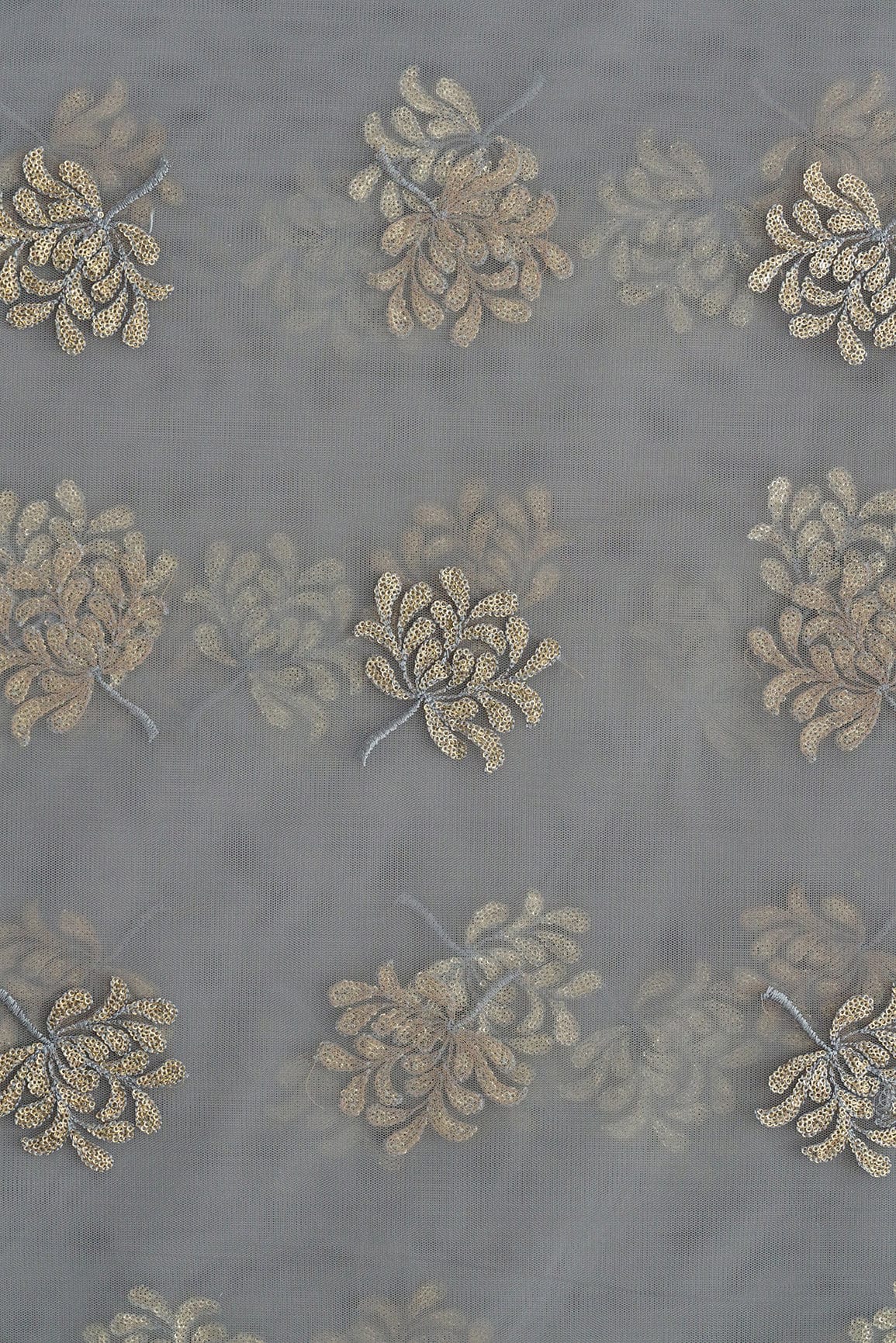 doeraa Embroidery Fabrics Grey Thread With Gold Sequins Beautiful Floral Embroidery Work On Grey Soft Net Fabric