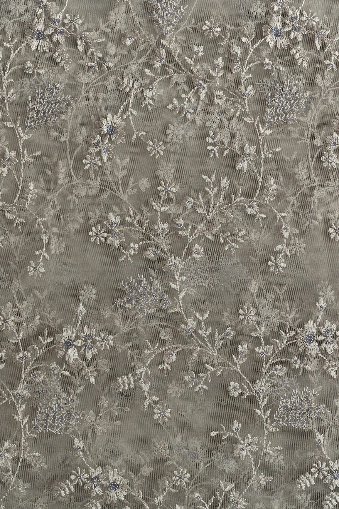 doeraa Embroidery Fabrics Grey Thread With Sequins Beautiful Floral Embroidery Work On Grey Soft Net Fabric