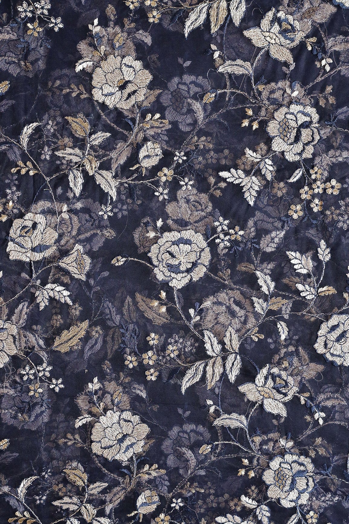 doeraa Embroidery Fabrics Heavy Floral Beige And Blue Thread Work Embroidery On Navy Blue Soft Net Fabric
