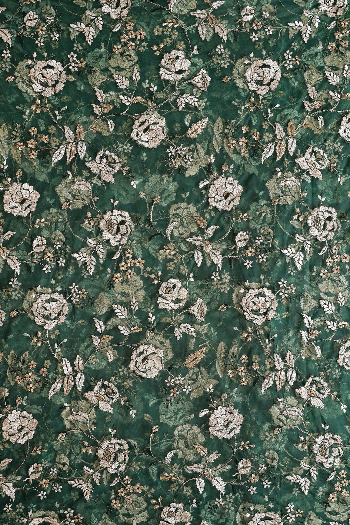 doeraa Embroidery Fabrics Heavy Floral Beige And Green Thread Work Embroidery On Green Soft Net Fabric