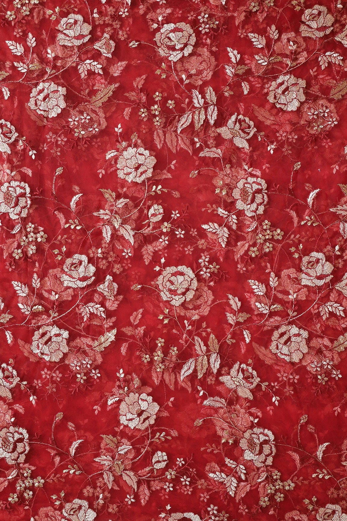 doeraa Embroidery Fabrics Heavy Floral Beige And Red Thread Work  Embroidery On Red Soft Net Fabric