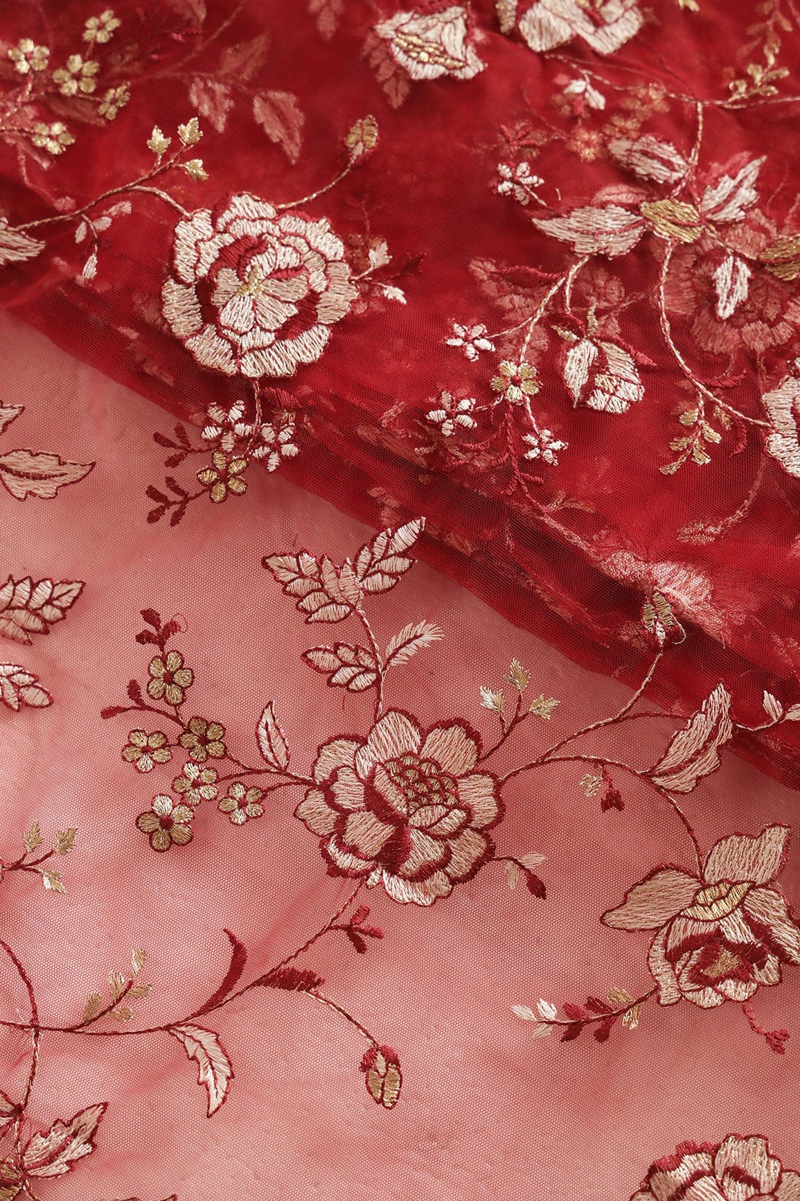 doeraa Embroidery Fabrics Heavy Floral Beige And Red Thread Work  Embroidery On Red Soft Net Fabric