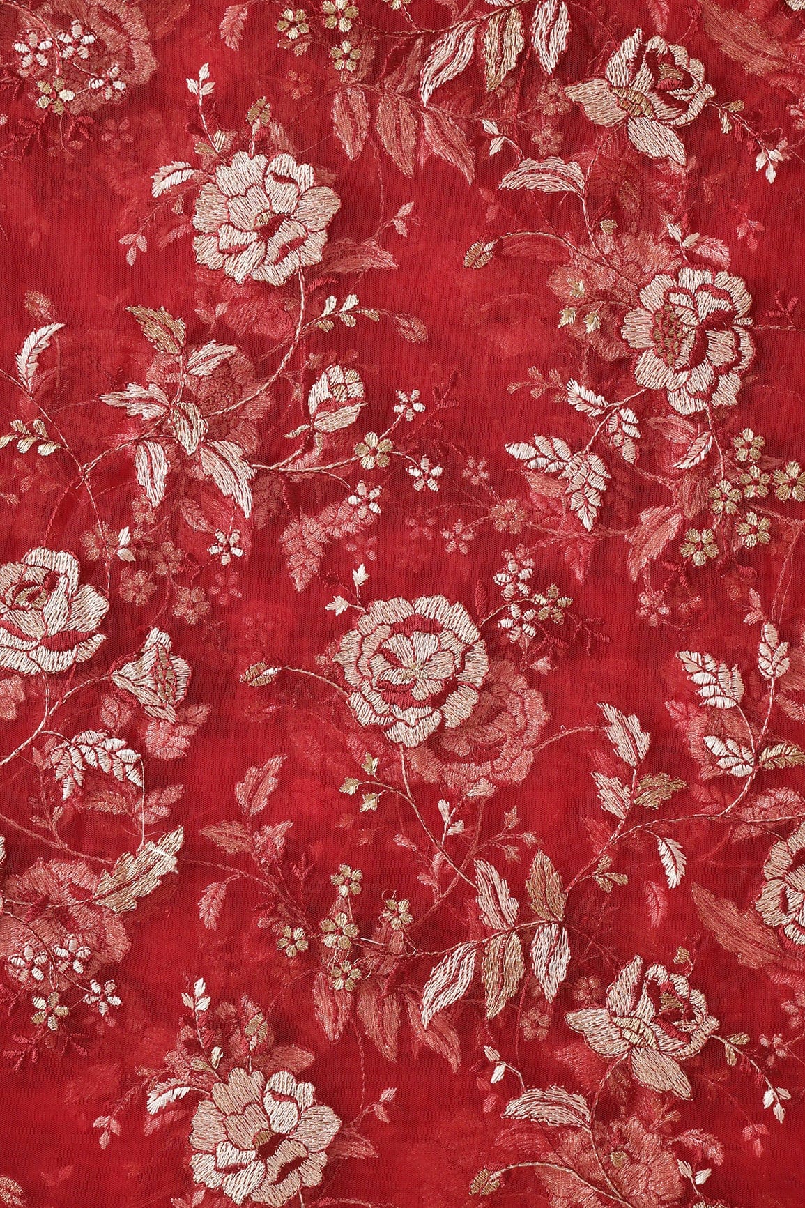 doeraa Embroidery Fabrics Heavy Floral Beige And Red Thread Work  Embroidery On Red Soft Net Fabric