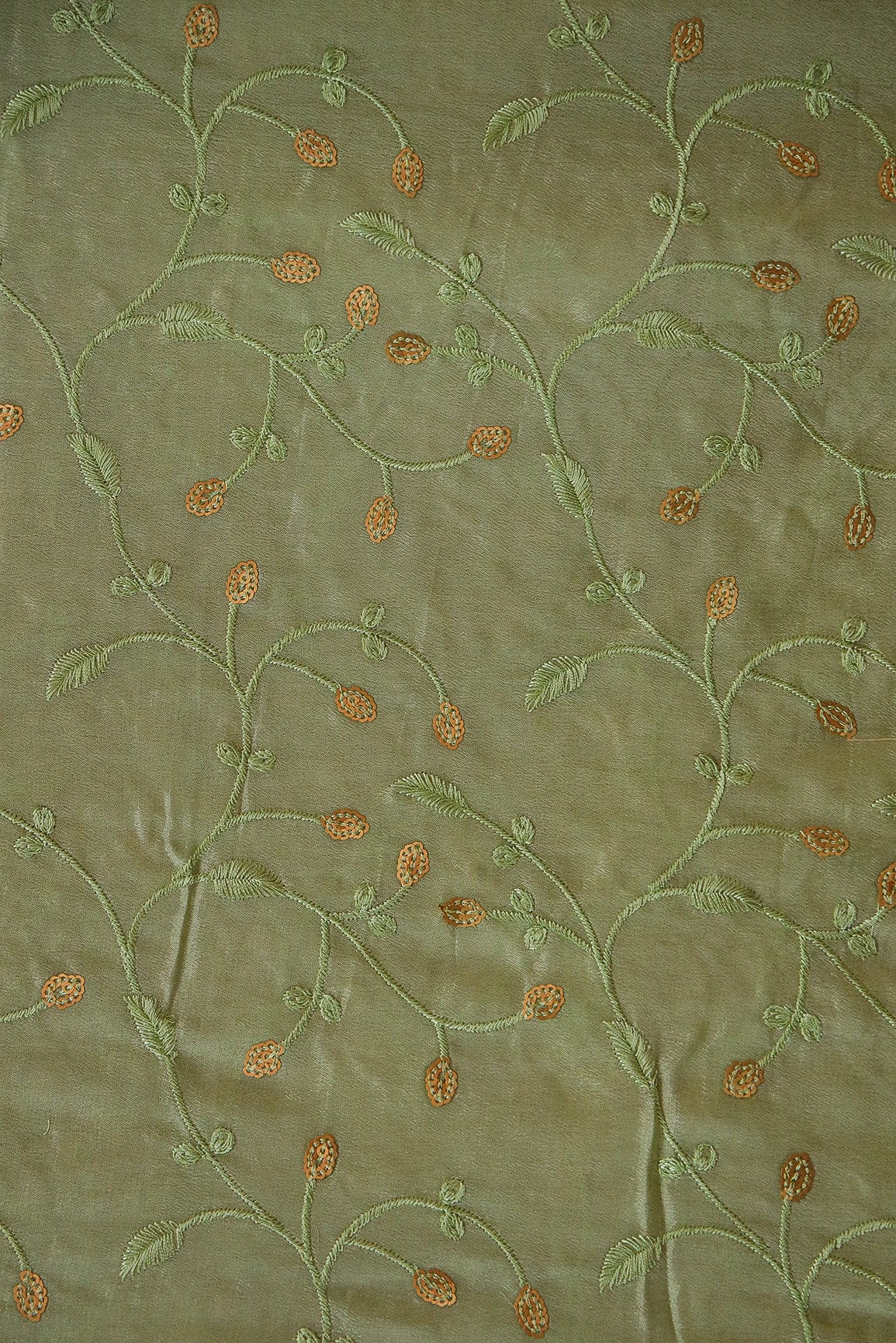 doeraa Embroidery Fabrics Leafy Gold Sequins With Olive Thread Embroidery Work On Olive Chinnon Chiffon Fabric