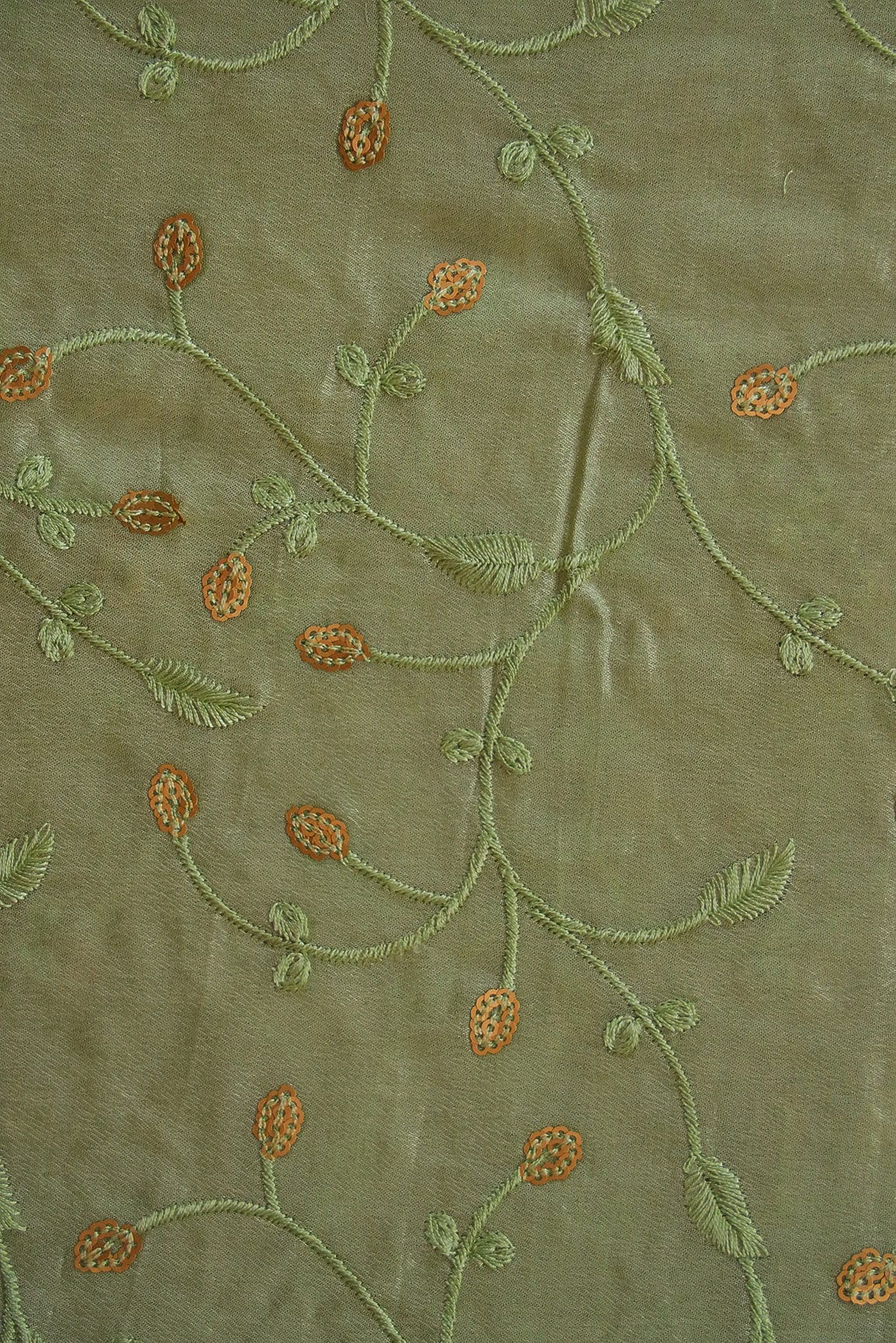 doeraa Embroidery Fabrics Leafy Gold Sequins With Olive Thread Embroidery Work On Olive Chinnon Chiffon Fabric