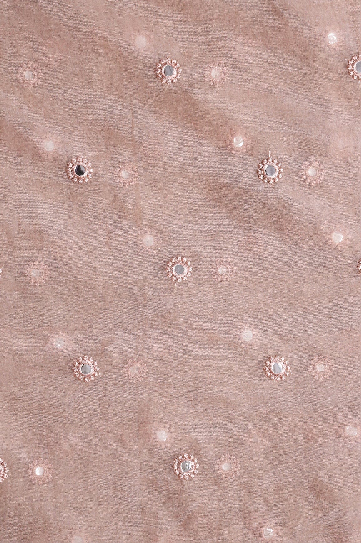 doeraa Embroidery Fabrics Light Brown Thread With Foil Mirror Work Small Motif Embroidery On Light Brown Organza Fabric