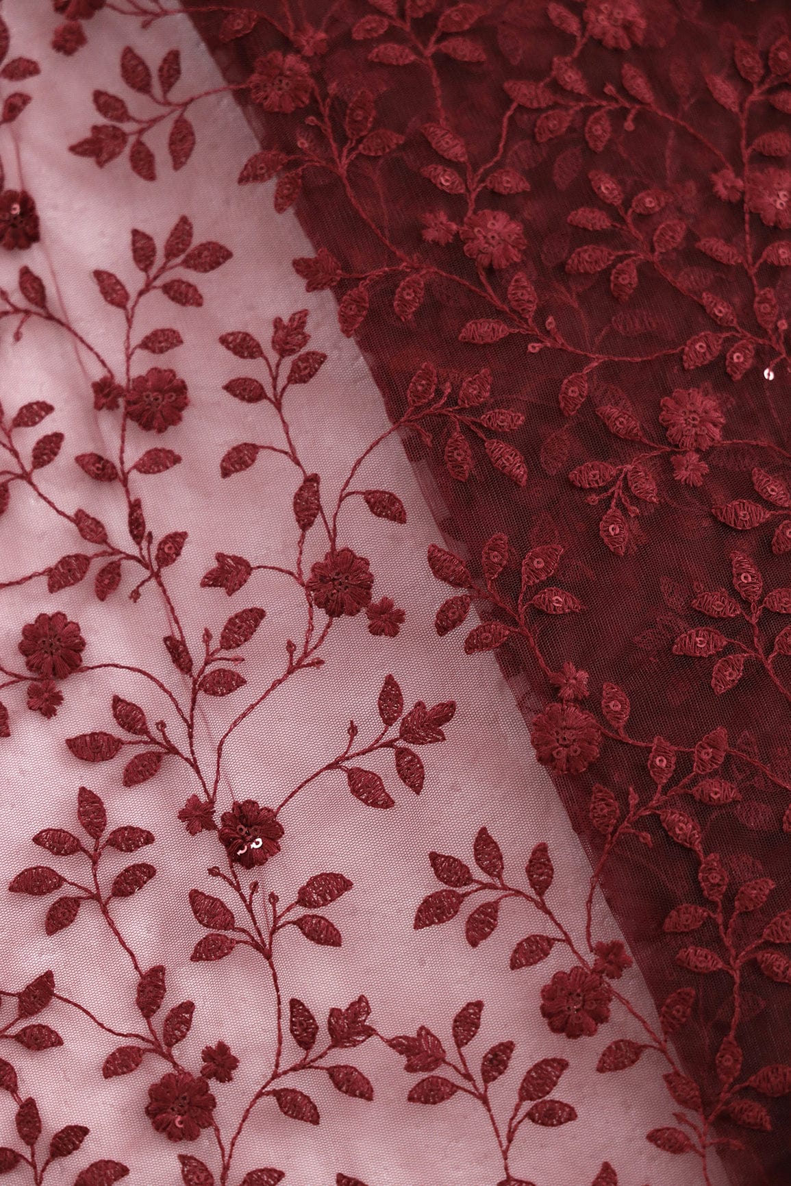 doeraa Embroidery Fabrics Maroon Thread And Sequins Floral Heavy Embroidery Work On Maroon Soft Net Fabric