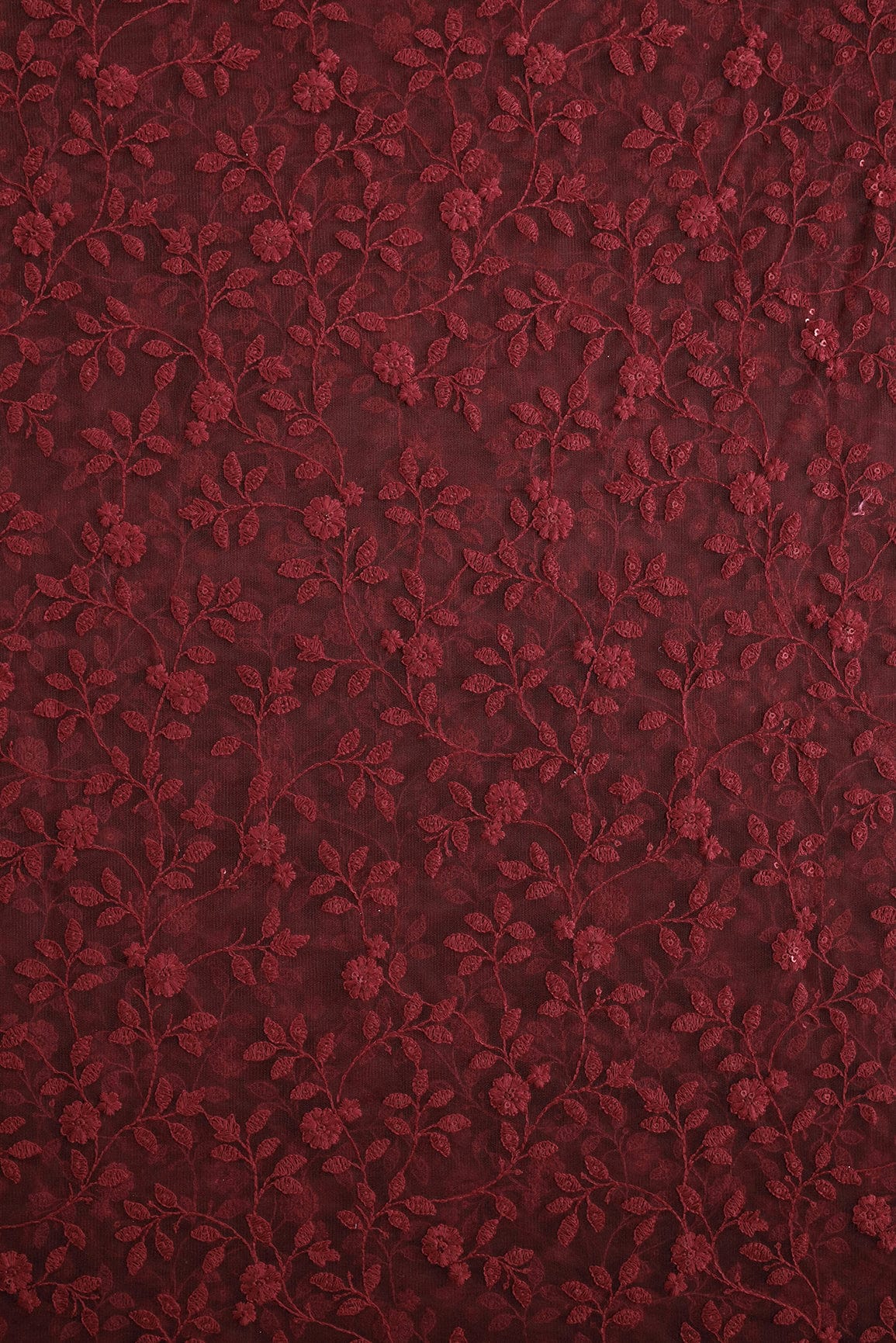 doeraa Embroidery Fabrics Maroon Thread And Sequins Floral Heavy Embroidery Work On Maroon Soft Net Fabric