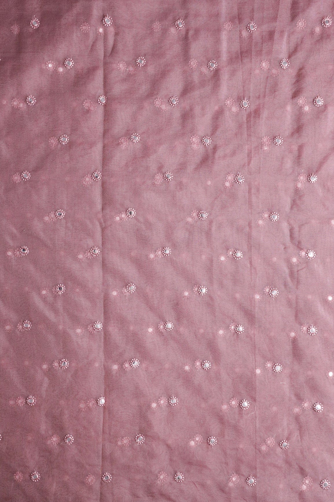doeraa Embroidery Fabrics Mauve Thread With Foil Mirror Work Small Motif Embroidery On Mauve Organza Fabric