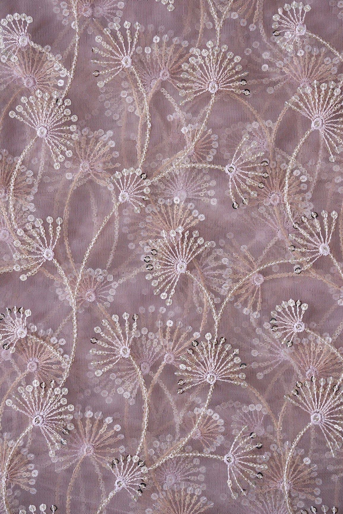 doeraa Embroidery Fabrics Mauve Thread With Gold And Silver Sequins Floral Embroidery On Mauve Soft Net Fabric