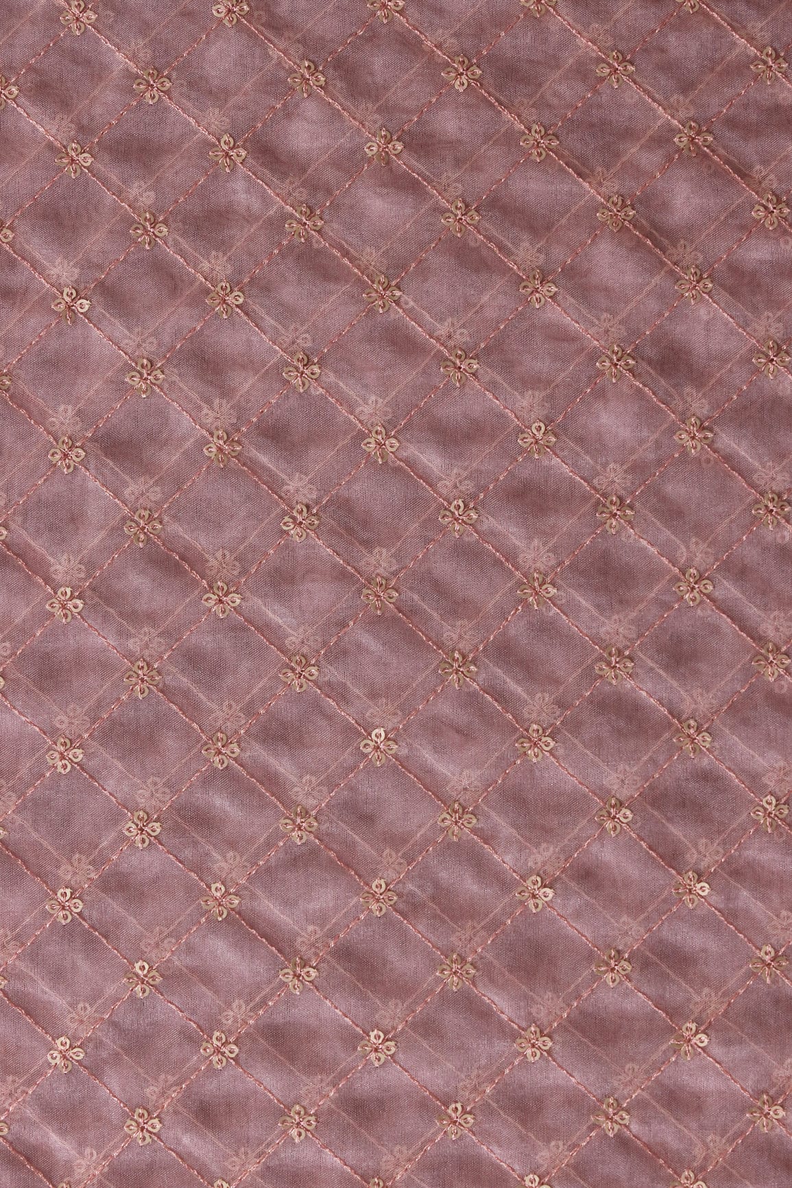 doeraa Embroidery Fabrics Mauve Thread With Gold Sequins Checks Embroidery Work On Mauve Organza Fabric
