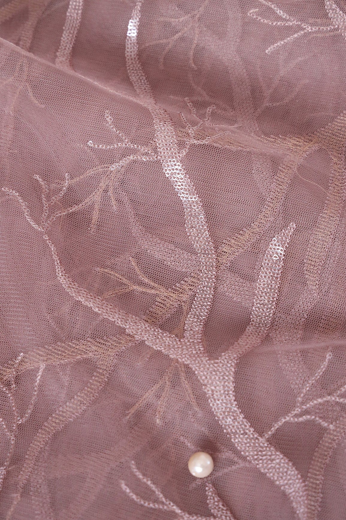 doeraa Embroidery Fabrics Mauve Thread With Sequins Abstract Embroidery Work On Mauve Soft Net Fabric