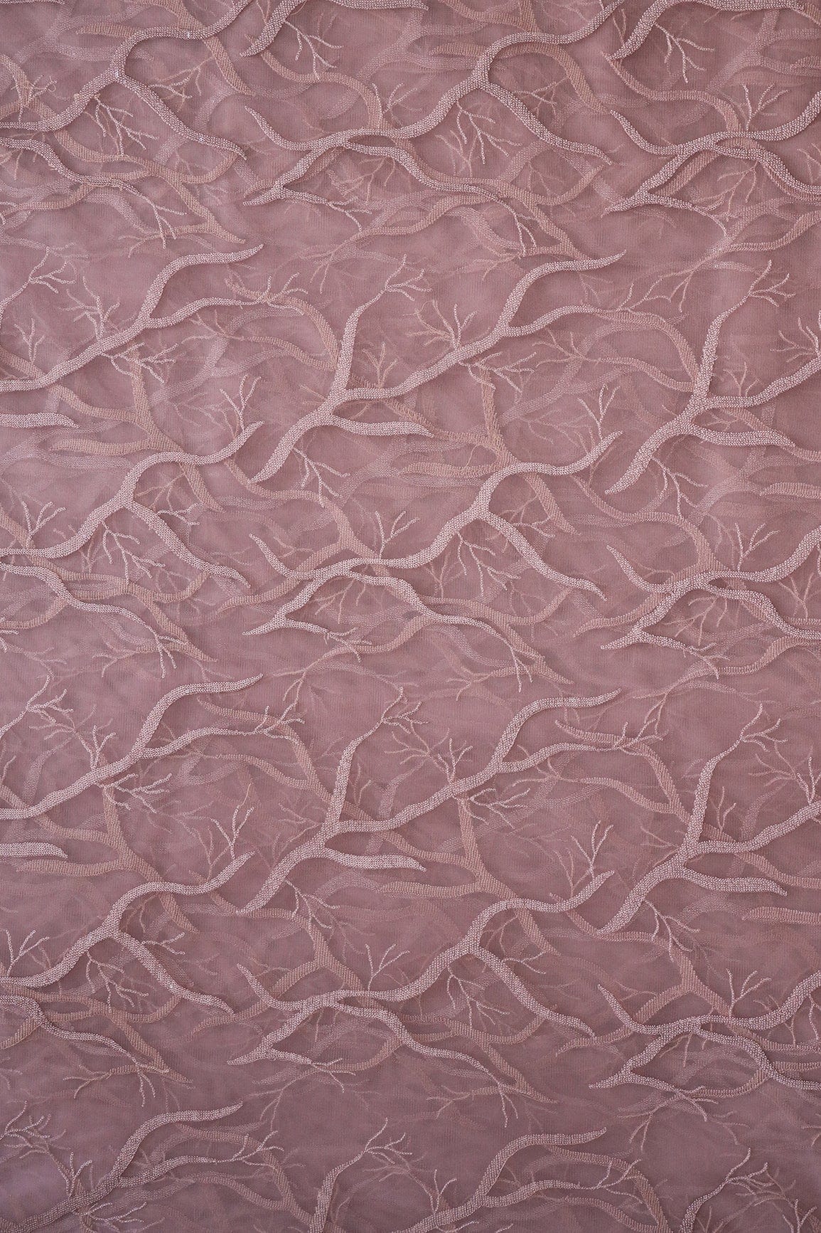 doeraa Embroidery Fabrics Mauve Thread With Sequins Abstract Embroidery Work On Mauve Soft Net Fabric