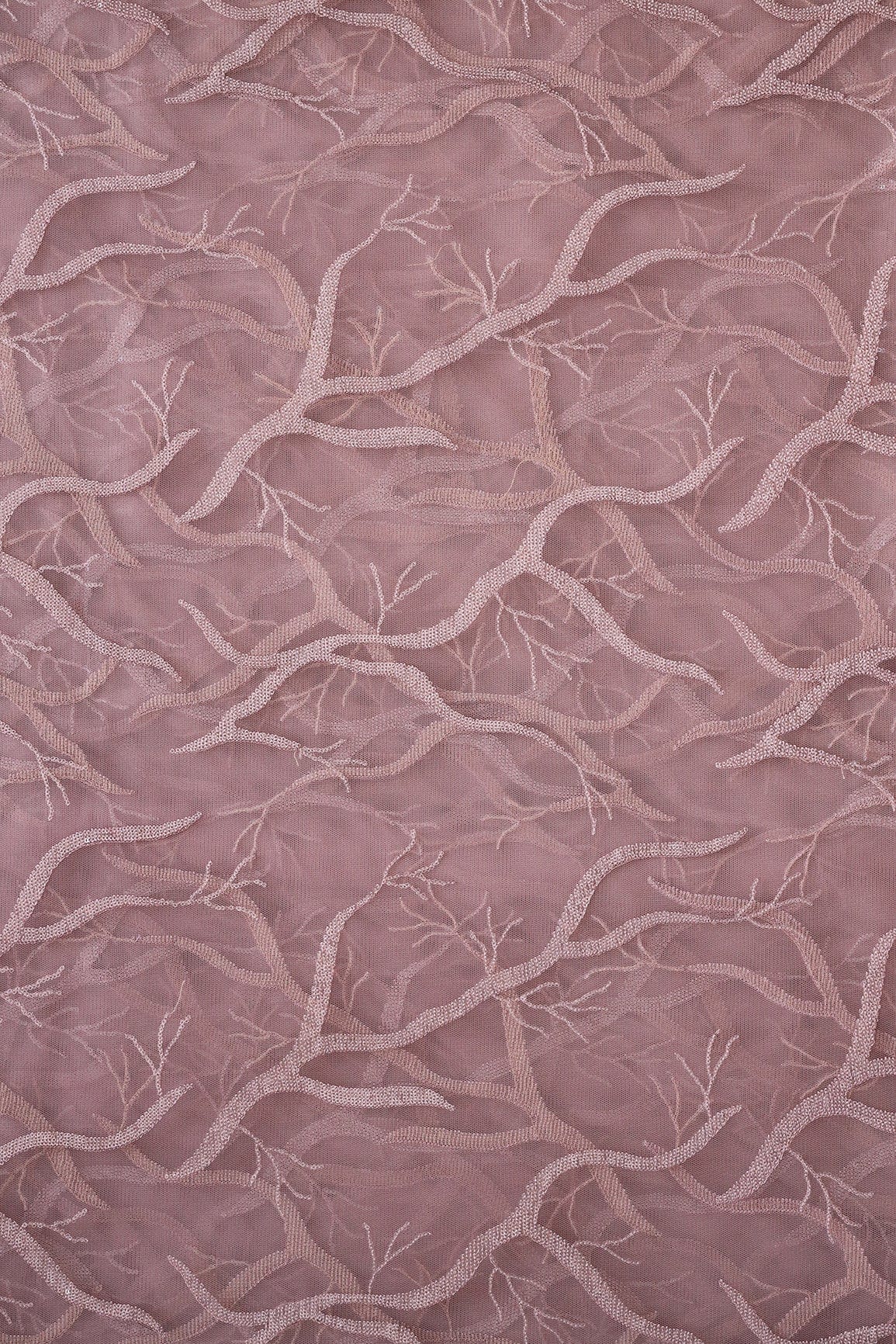 doeraa Embroidery Fabrics Mauve Thread With Sequins Abstract Embroidery Work On Mauve Soft Net Fabric