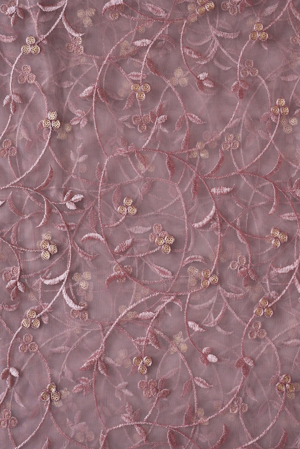 doeraa Embroidery Fabrics Mauve Thread With Sequins Floral Embroidery Work On Mauve Soft Net Fabric