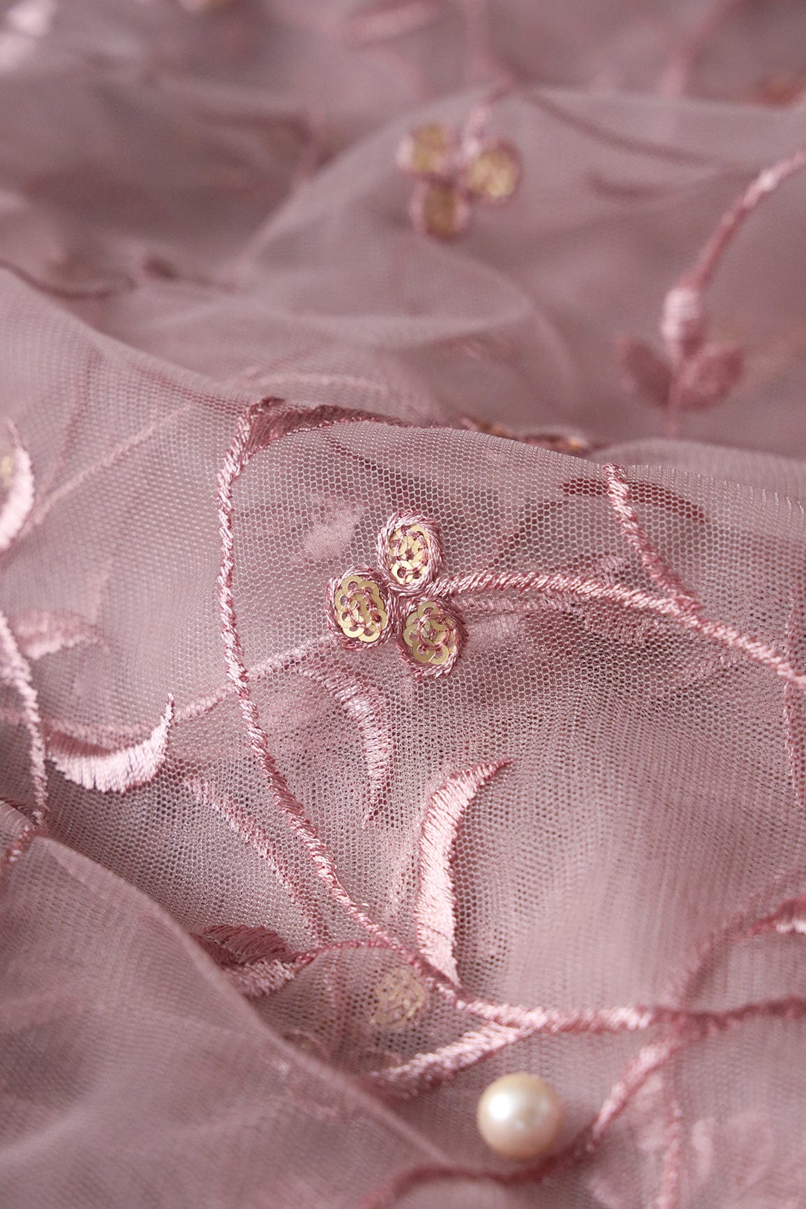 doeraa Embroidery Fabrics Mauve Thread With Sequins Floral Embroidery Work On Mauve Soft Net Fabric