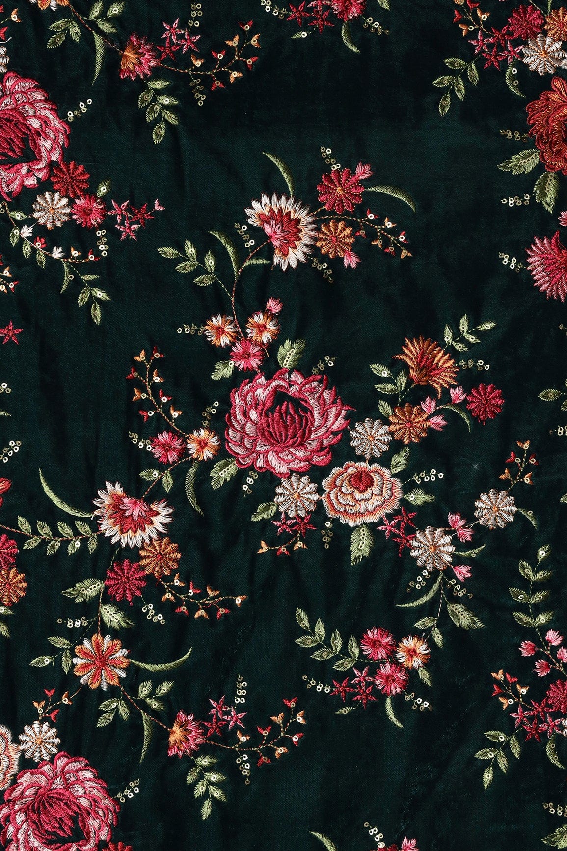 doeraa Embroidery Fabrics Multi Color Heavy Floral Kashmiri Embroidery Work On Bottle Green Velvet Fabric