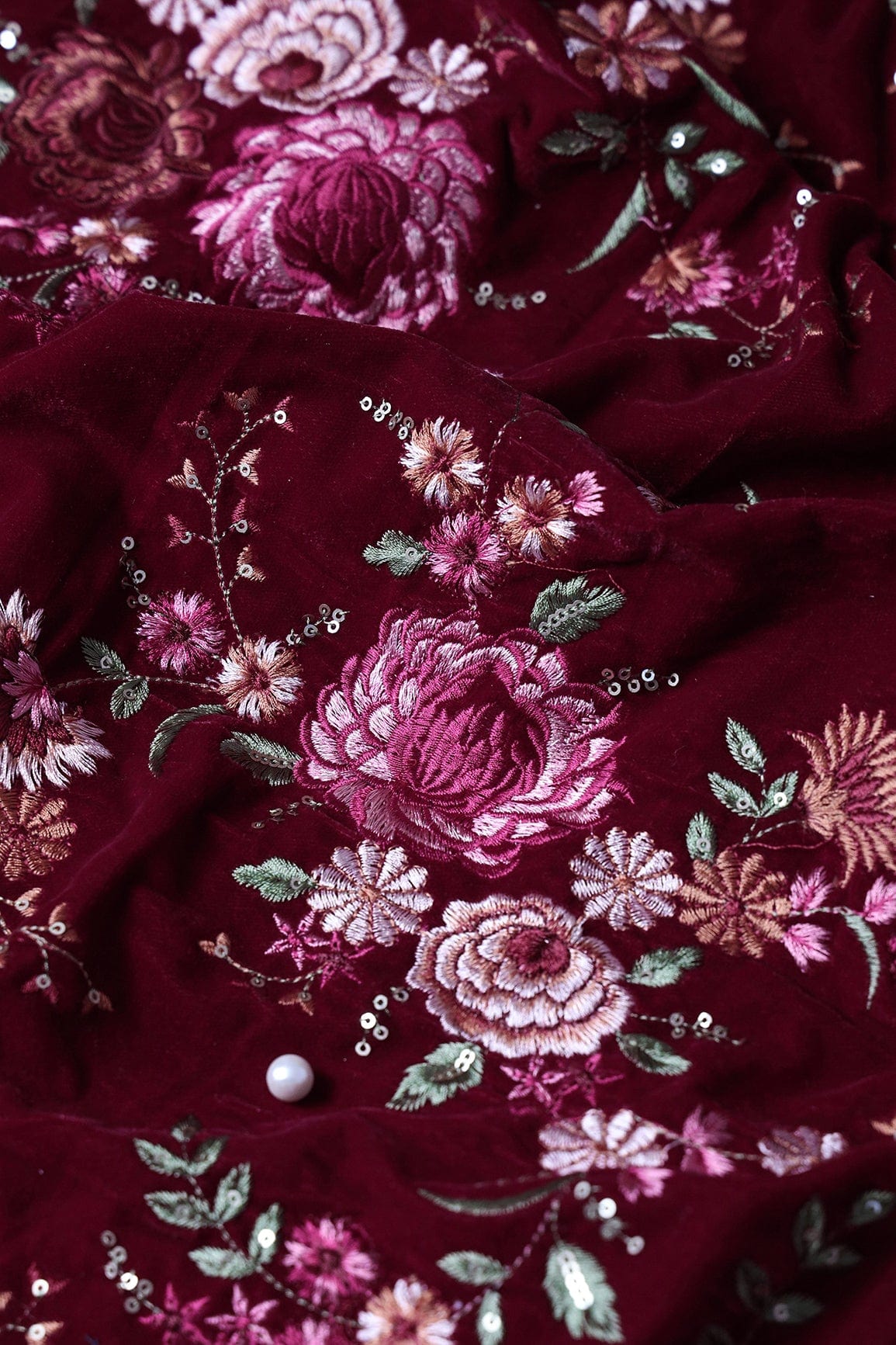 doeraa Embroidery Fabrics Multi Color Heavy Floral Kashmiri Embroidery Work On Maroon Velvet Fabric