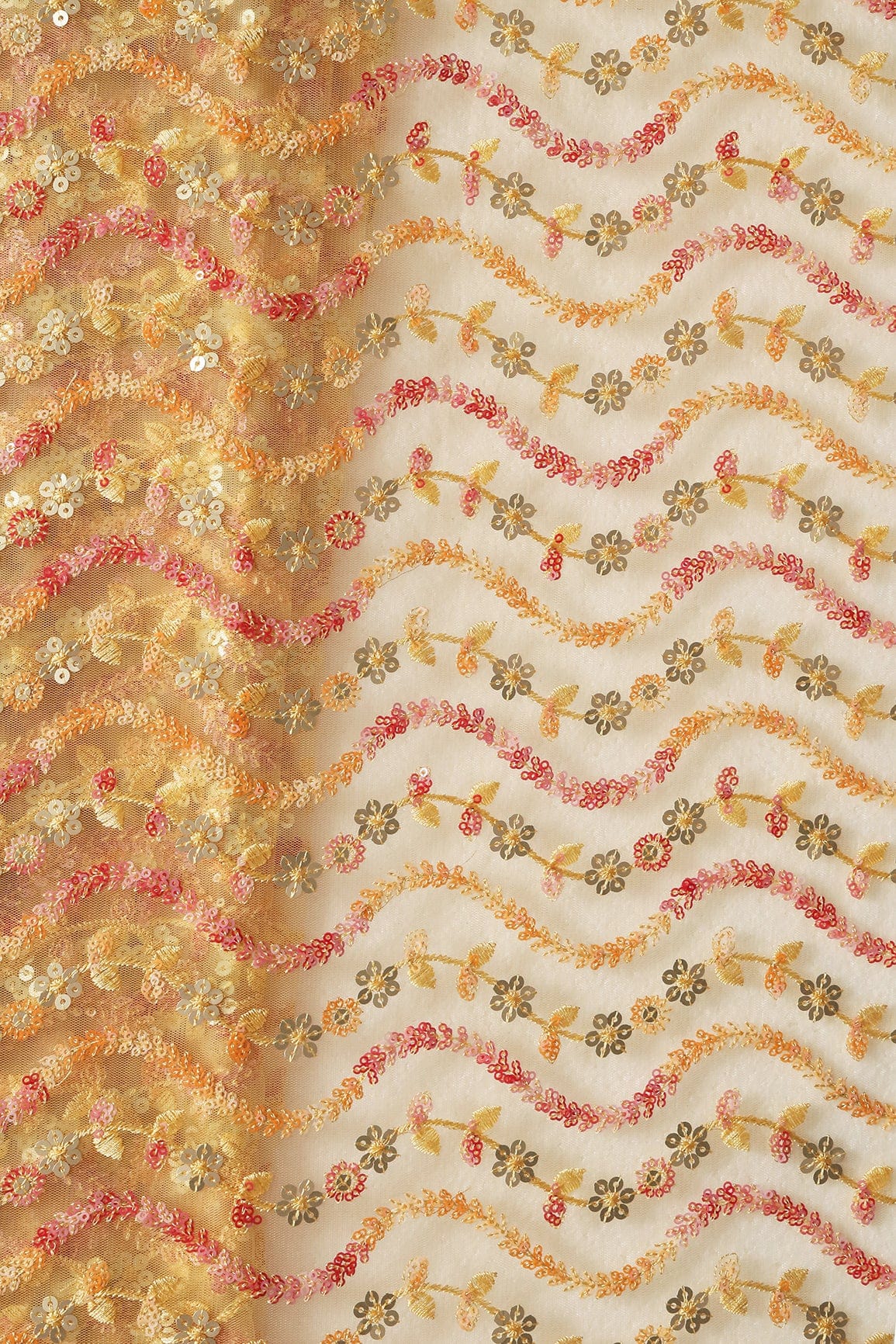 doeraa Embroidery Fabrics Multi Color Sequins Heavy Wavy Embroidery Work On Cream Yellow Soft Net Fabric