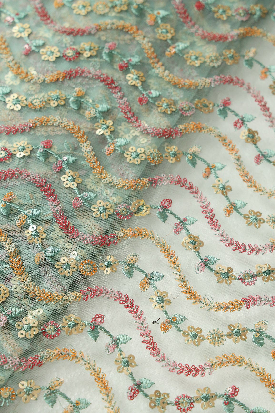 doeraa Embroidery Fabrics Multi Color Sequins Heavy Wavy Embroidery Work On Teal Soft Net Fabric