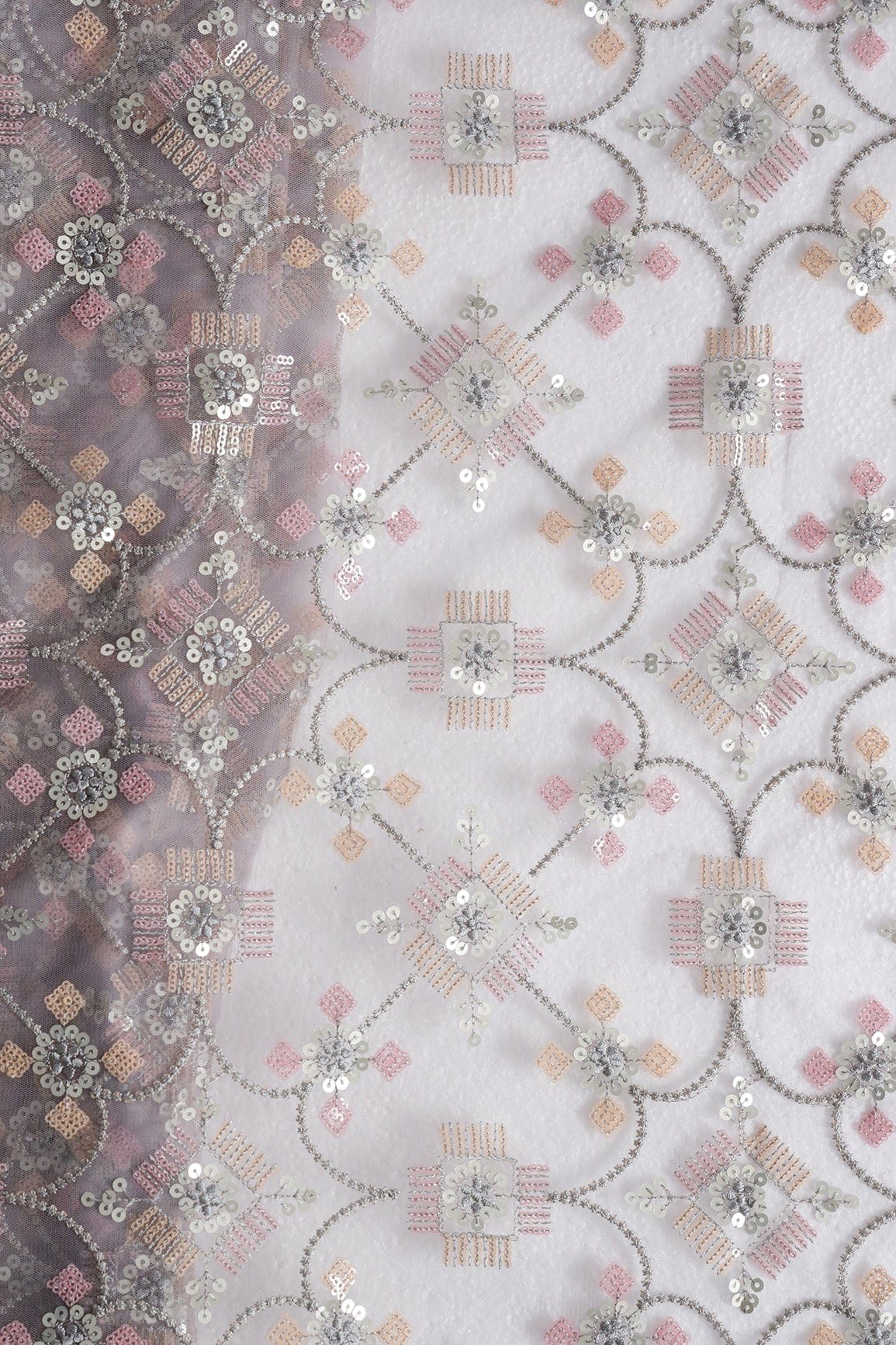 doeraa Embroidery Fabrics Multi Color Sequins With Grey Thread Geometric Embroidery Work On Grey Soft Net Fabric