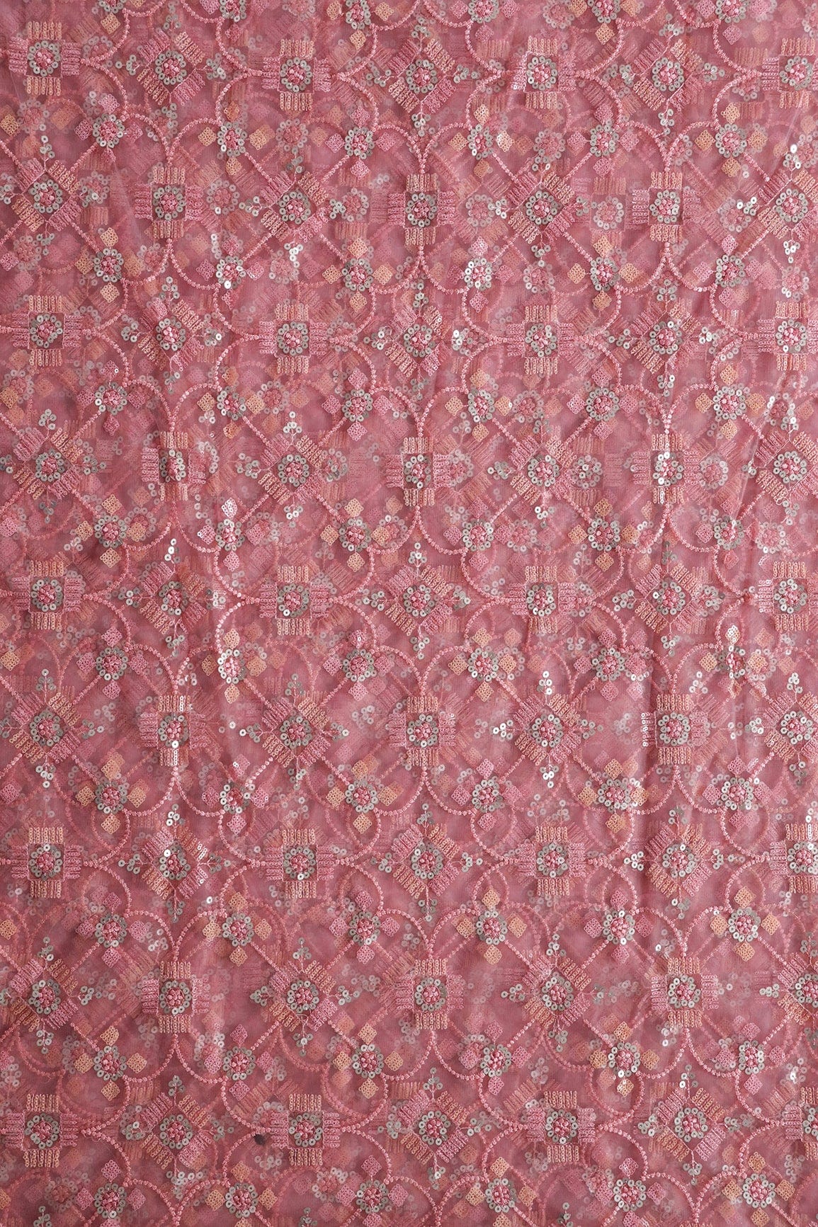 doeraa Embroidery Fabrics Multi Color Sequins With Pink Thread Geometric Embroidery Work On Pink Soft Net Fabric
