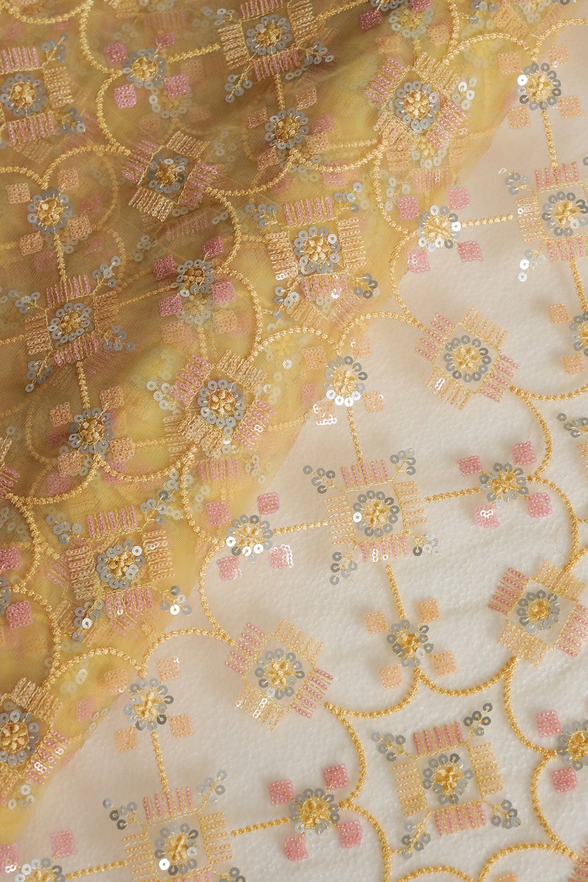 doeraa Embroidery Fabrics Multi Color Sequins With Yellow Thread Geometric Embroidery Work On Yellow Soft Net Fabric