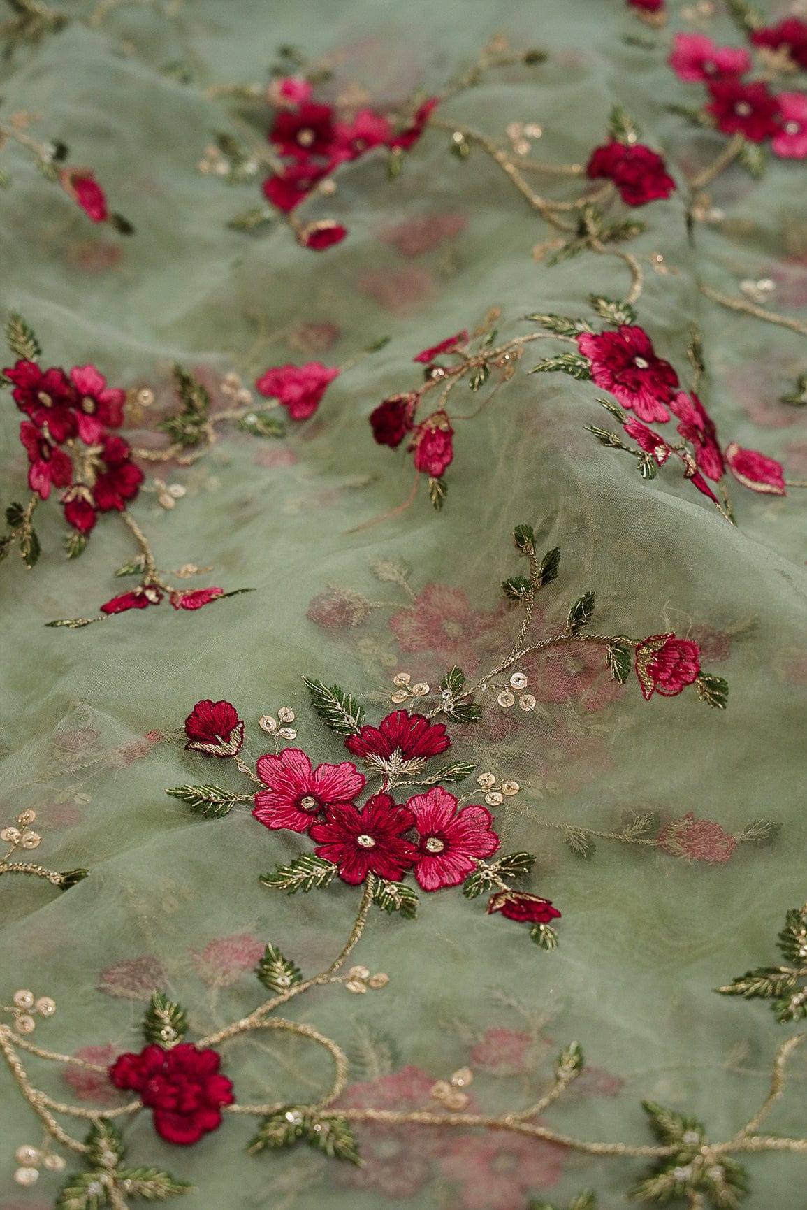 doeraa Embroidery Fabrics Multi Color Thread Floral Embroidery Work On Dusty Olive Organza Fabric