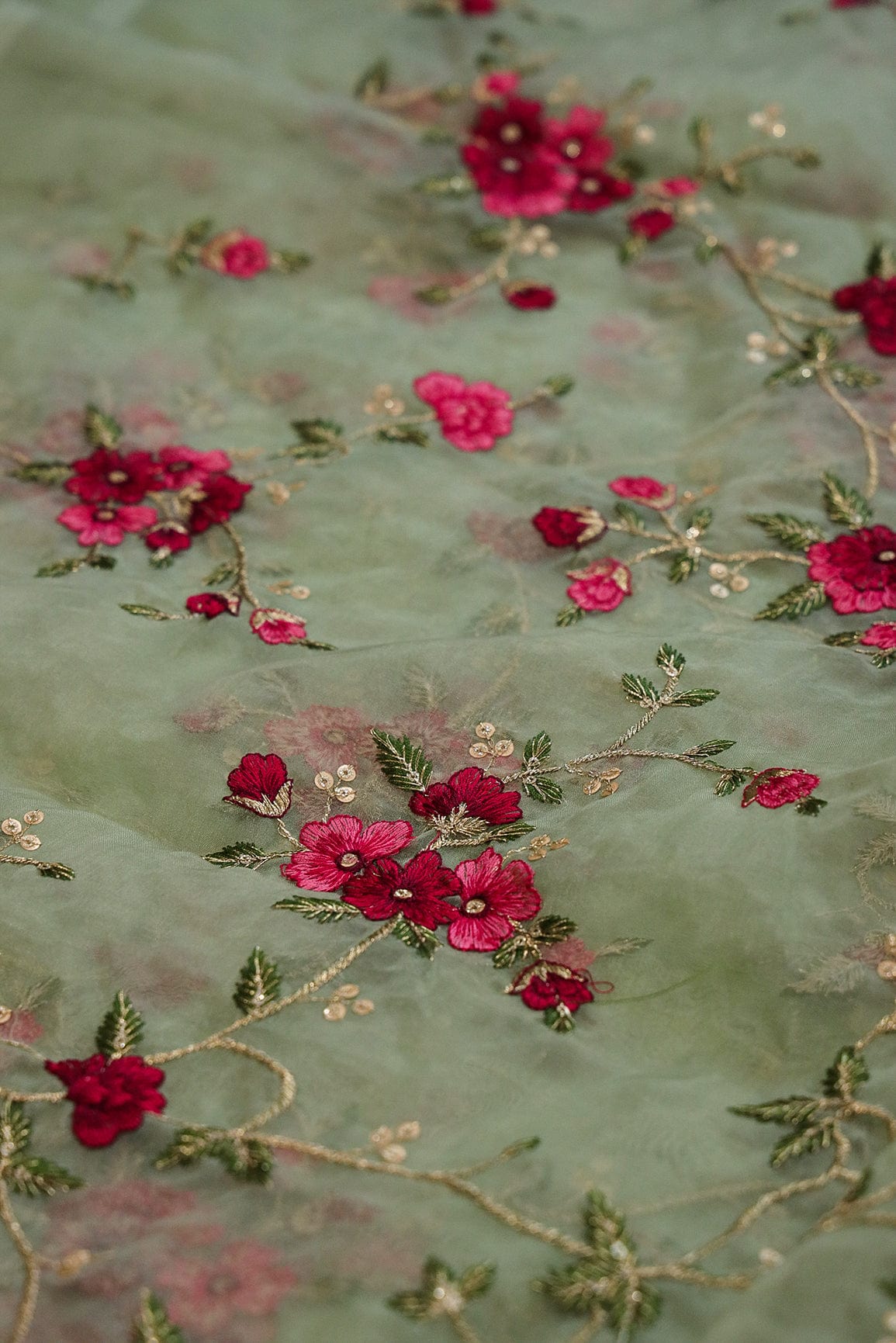 doeraa Embroidery Fabrics Multi Color Thread Floral Embroidery Work On Dusty Olive Organza Fabric