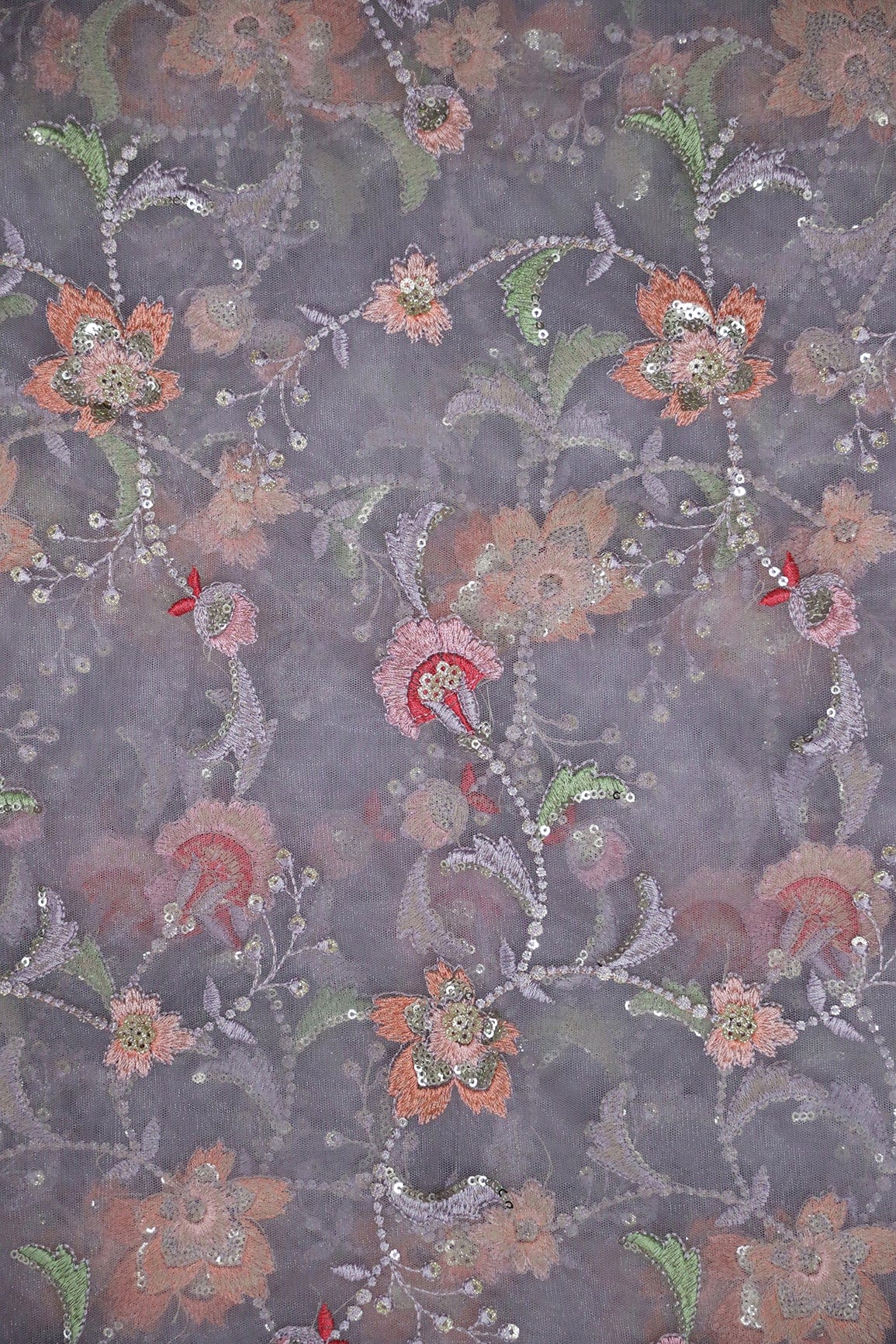 doeraa Embroidery Fabrics Multi Color Thread With Gold Sequins Beautiful Floral Embroidery Work On Grey Soft Net Fabric