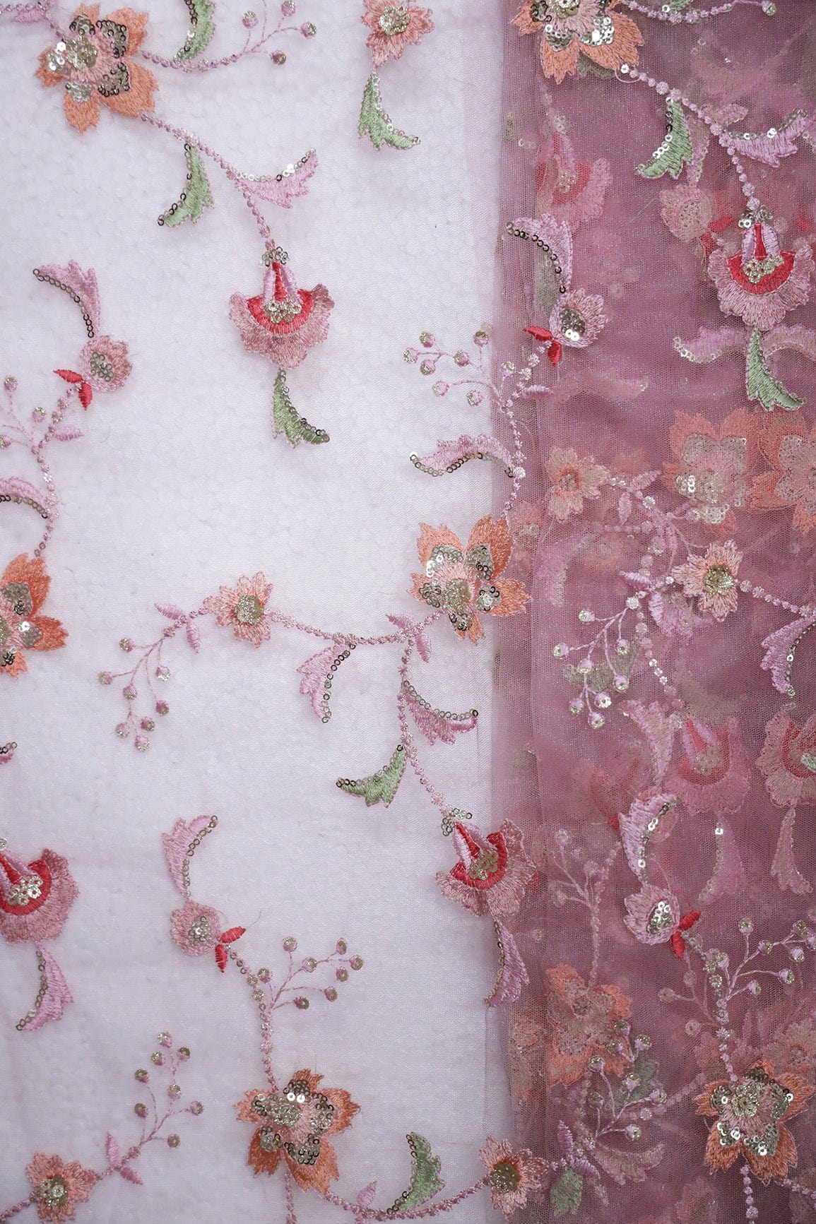 doeraa Embroidery Fabrics Multi Color Thread With Gold Sequins Beautiful Floral Embroidery Work On Taffy Pink Soft Net Fabric