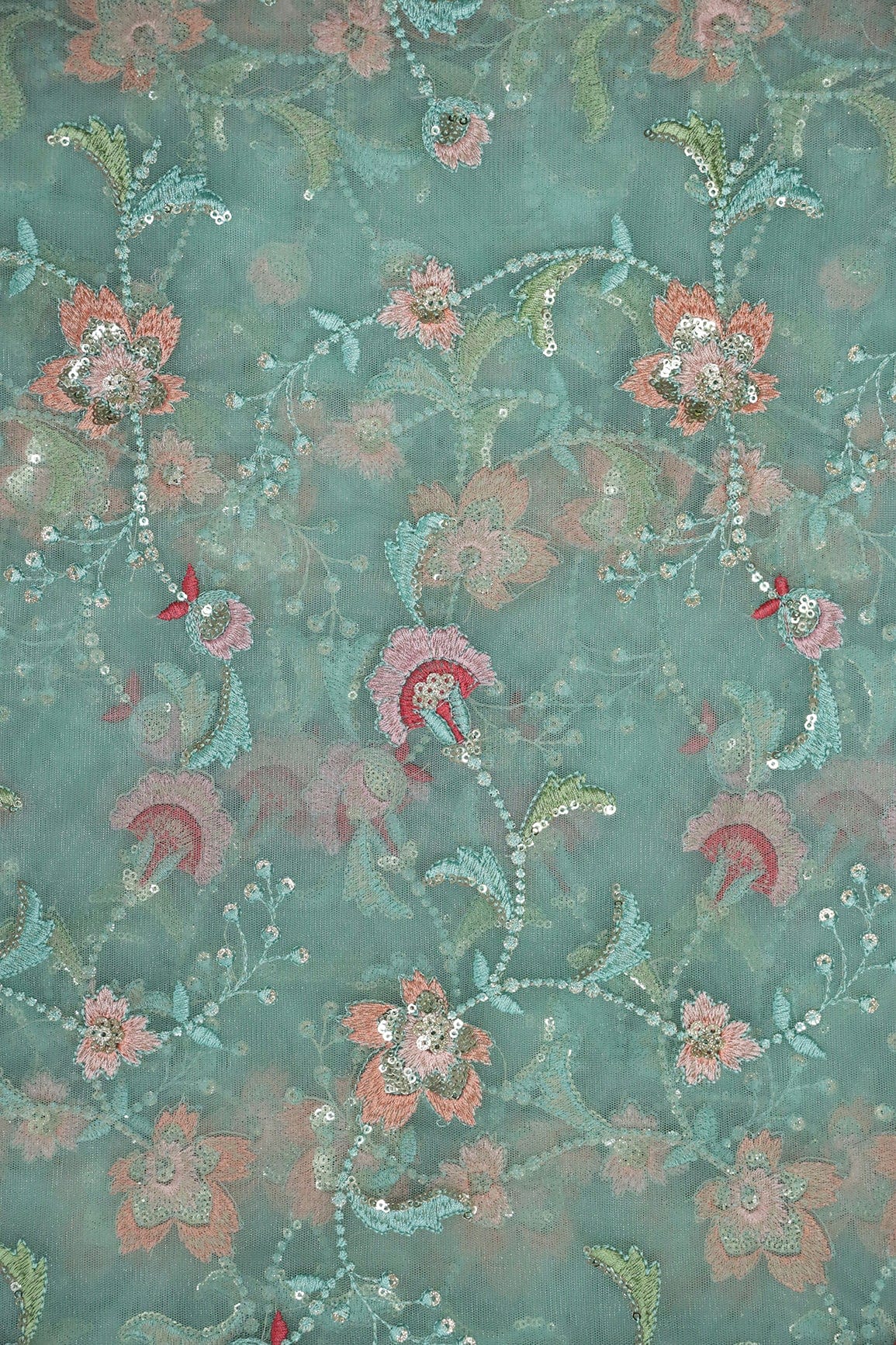 doeraa Embroidery Fabrics Multi Color Thread With Gold Sequins Beautiful Floral Embroidery Work On Tiffany Blue Soft Net Fabric