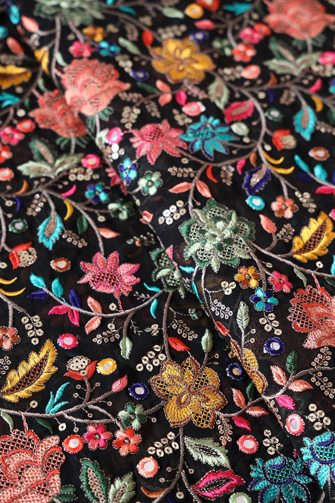 doeraa Embroidery Fabrics Multi Color Thread With Gold Sequins Exclusive Heavy Floral Embroidery On Black Viscose Georgette Fabric