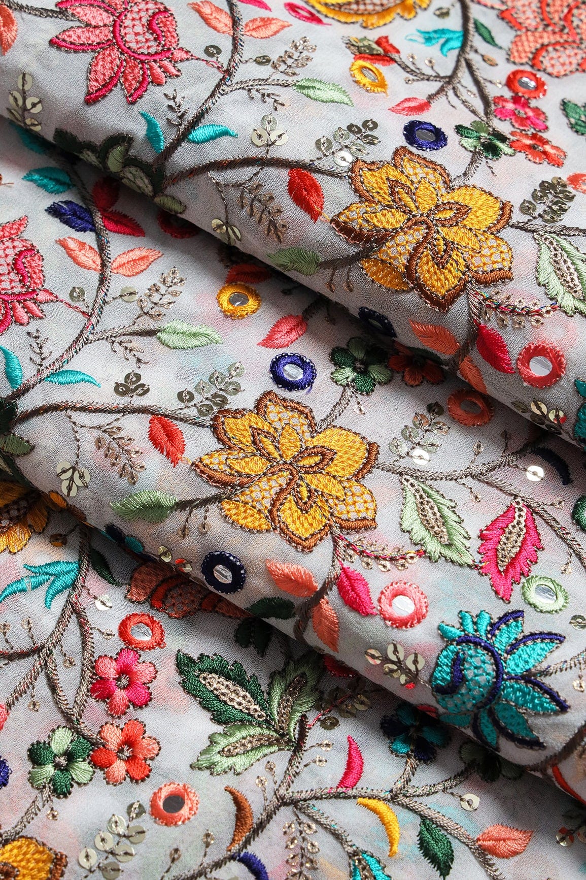 doeraa Embroidery Fabrics Multi Color Thread With Gold Sequins Exclusive Heavy Floral Embroidery On White Viscose Georgette Fabric